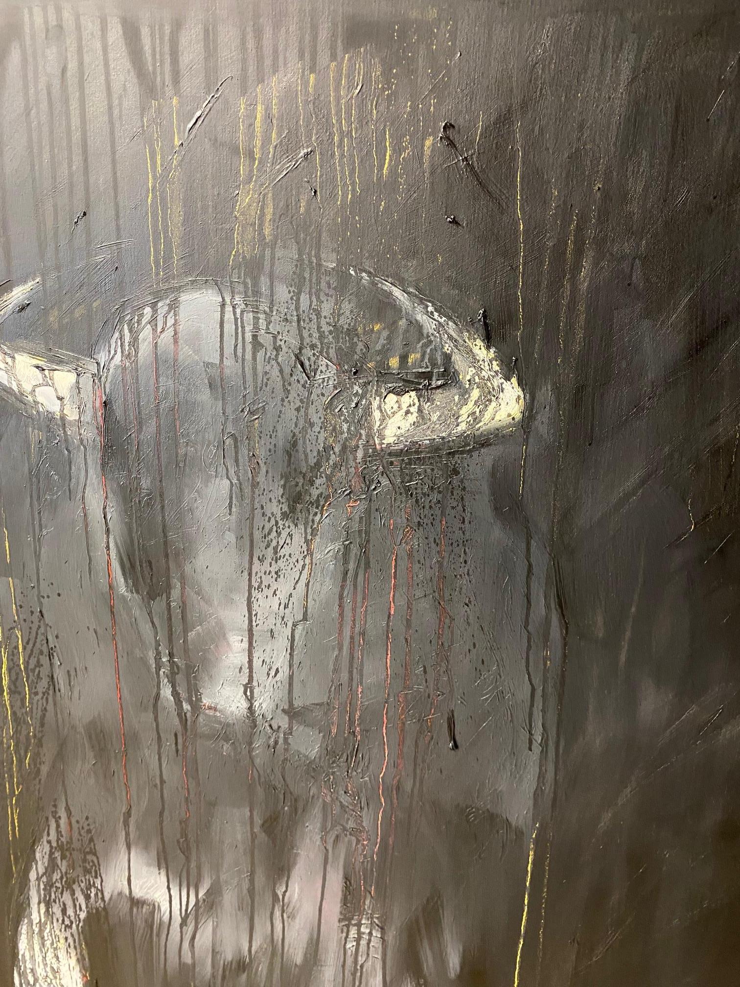 Bull - quadro espressionista contemporaneo con toro in carica, sfondo astratto - Animal Painting Grigio di Willi Bucher