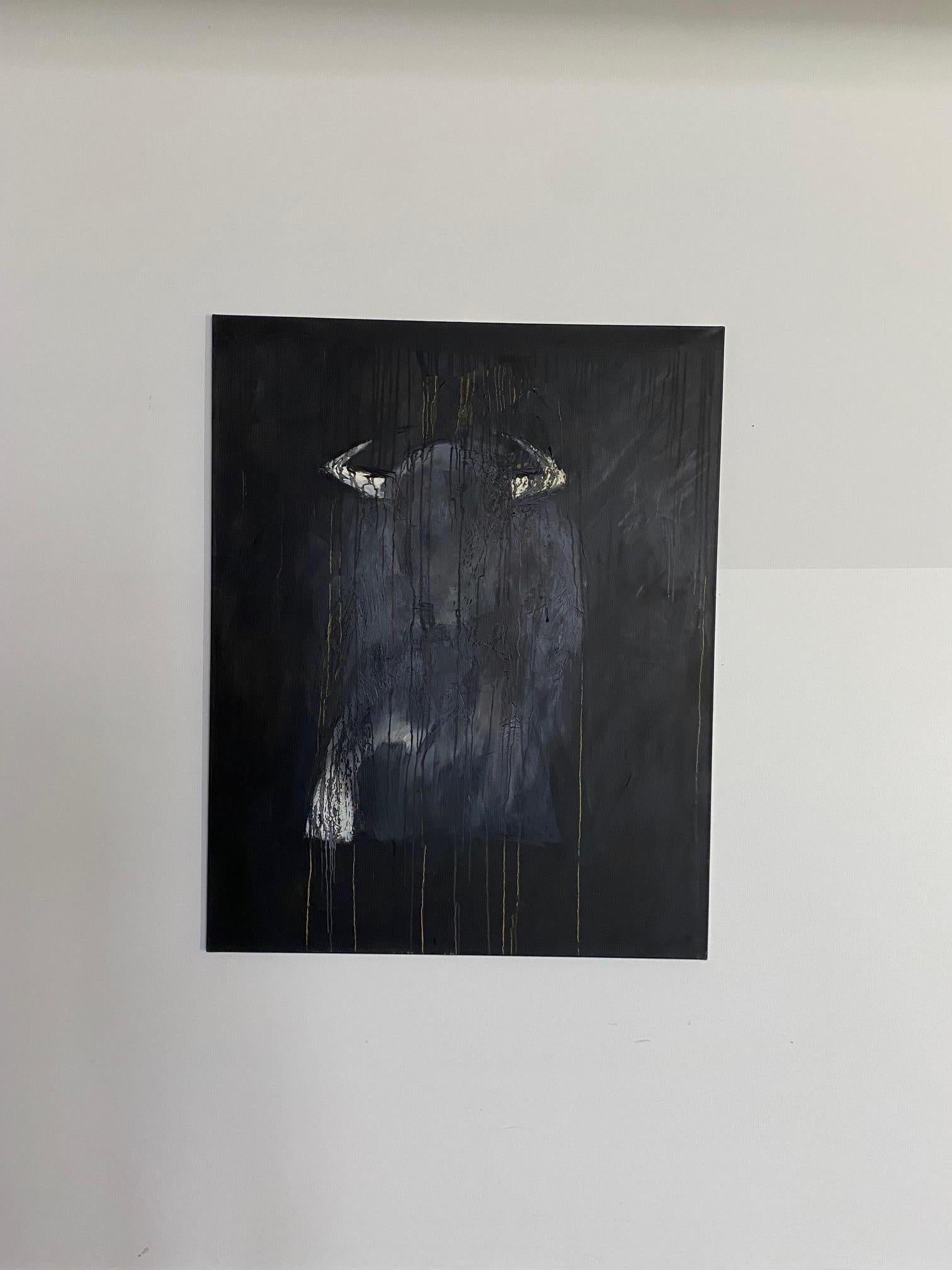 Bull - peinture expressionniste contemporaine d'un taureau charné, toile de fond abstraite en vente 1