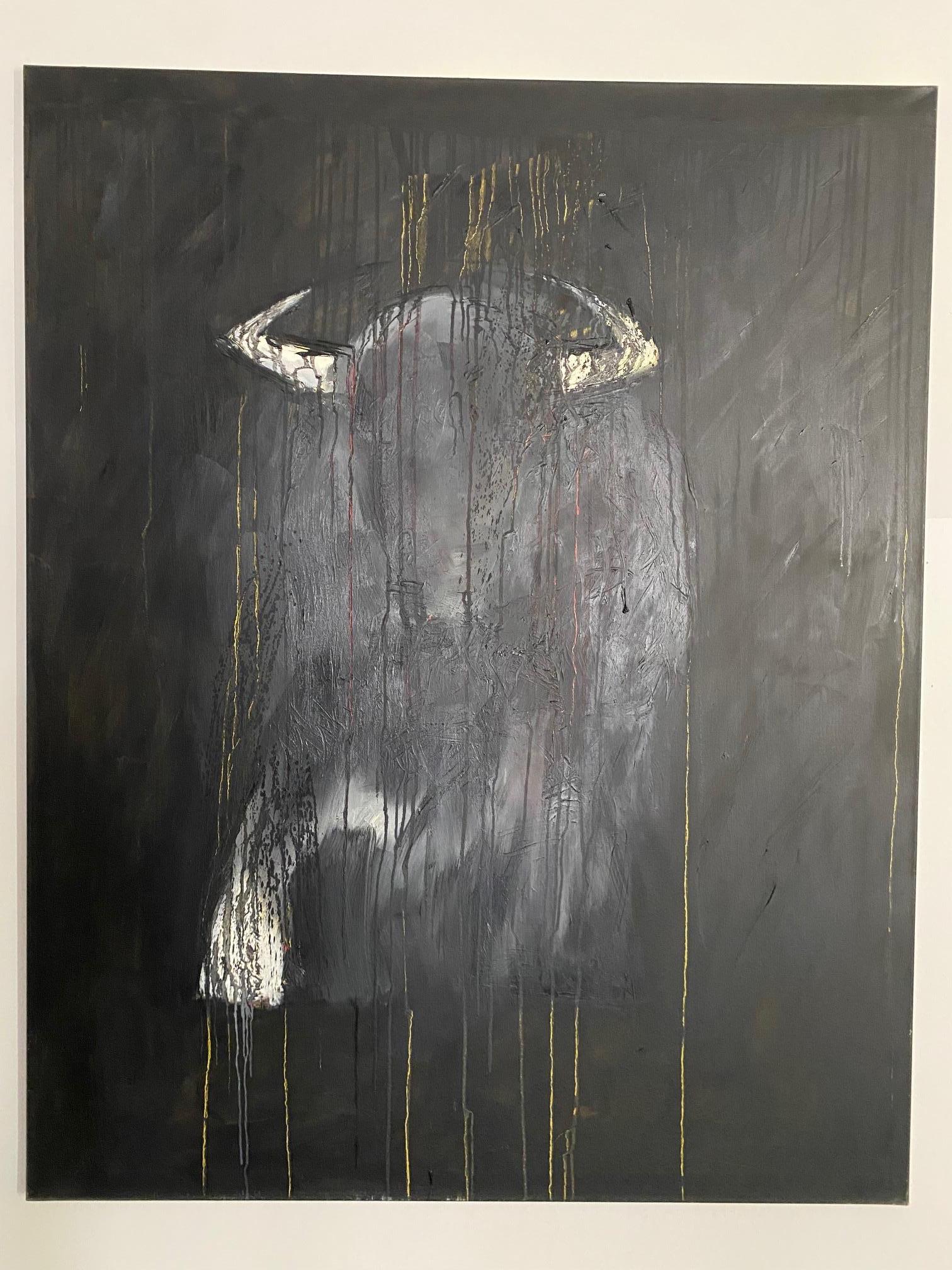 Bull - peinture expressionniste contemporaine d'un taureau charné, toile de fond abstraite en vente 2