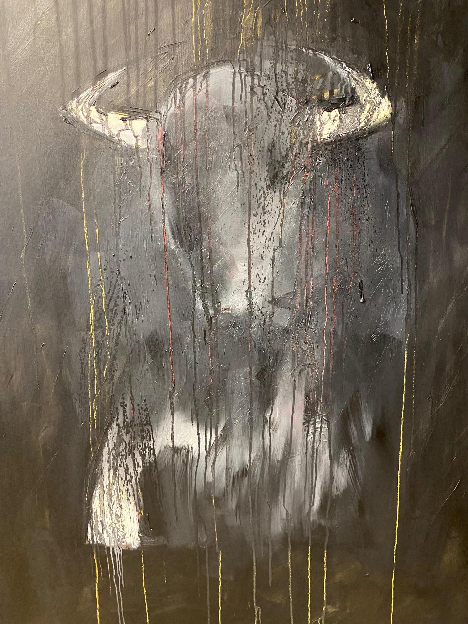 Willi Bucher Animal Painting - Bull - contemporary expressionistic painting of charging bull, abstract backdrop