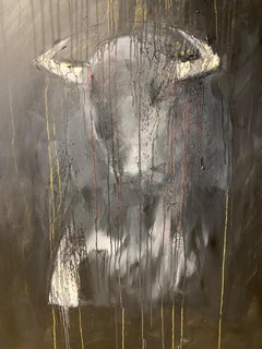 Used Bull - contemporary expressionistic painting of charging bull, abstract backdrop