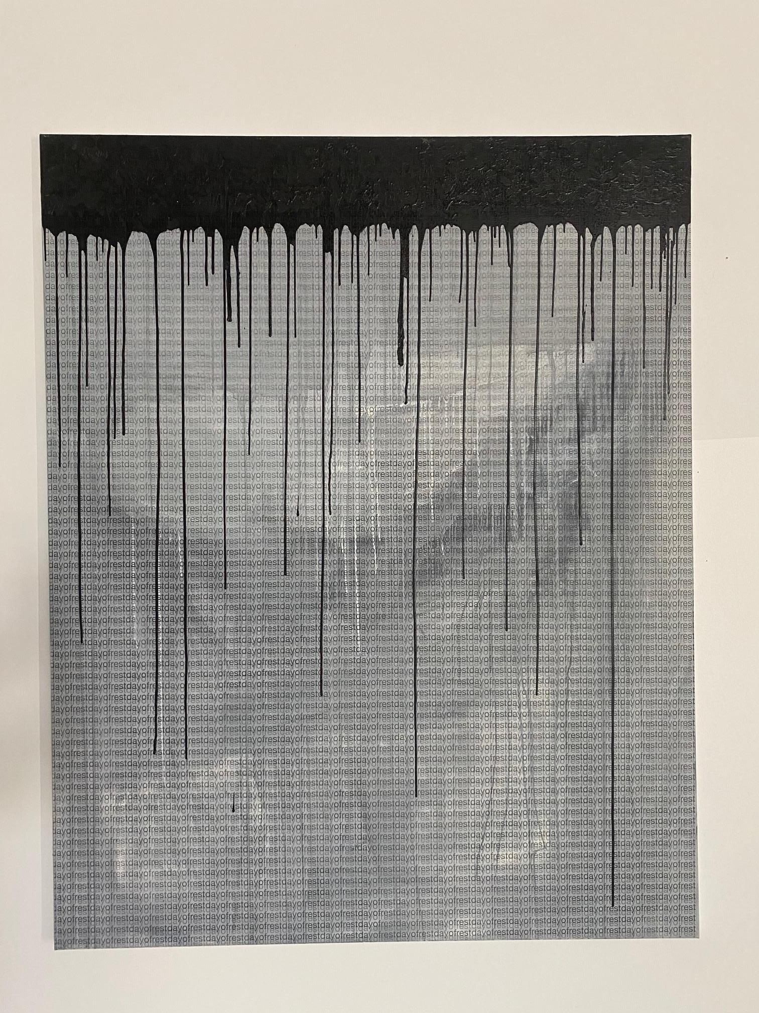 DayofRest - quadro astratto espressionista contemporaneo con parole in nero/grigio - Painting di Willi Bucher