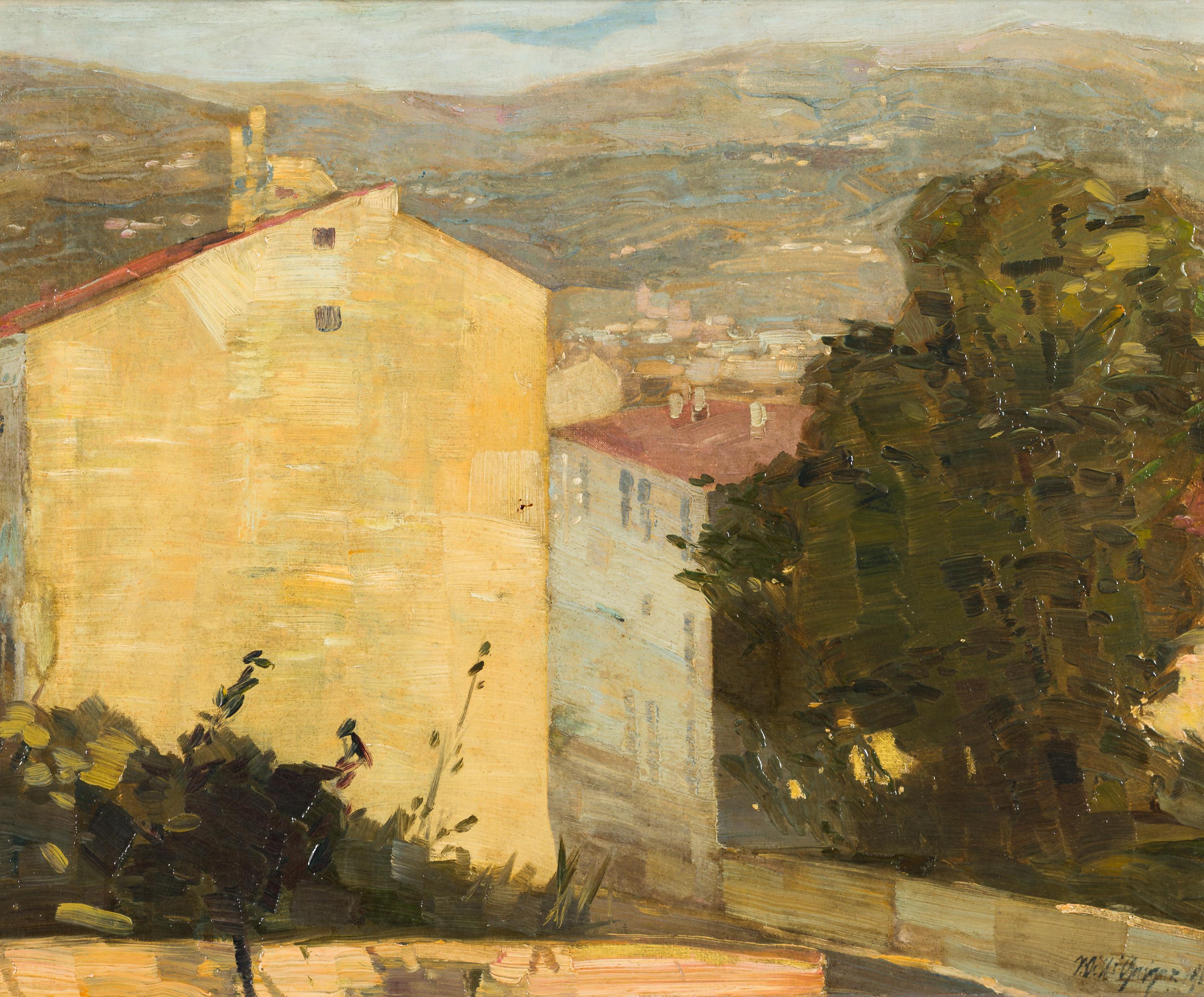 Willi Geiger  Landscape Painting - Vorstadthäuser in baumbestandener Straße