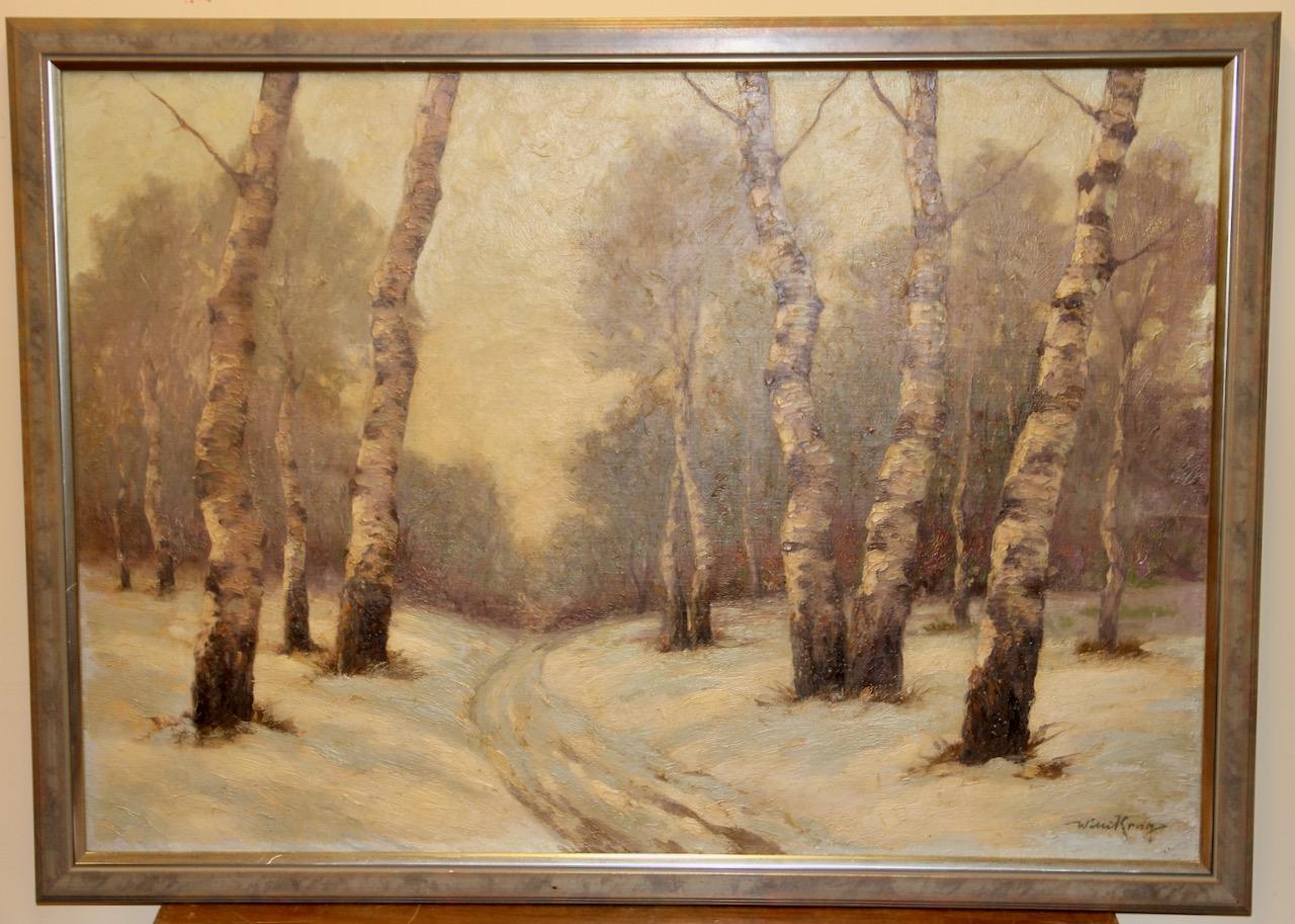 Antikes Ölgemälde von Willi Krug, „Snowy Birch Path“, „Snowy Birch Path“ im Angebot 1