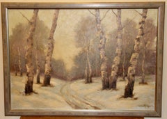 Antico dipinto ad olio di Willi Krug, "Sentiero di betulle innevato"