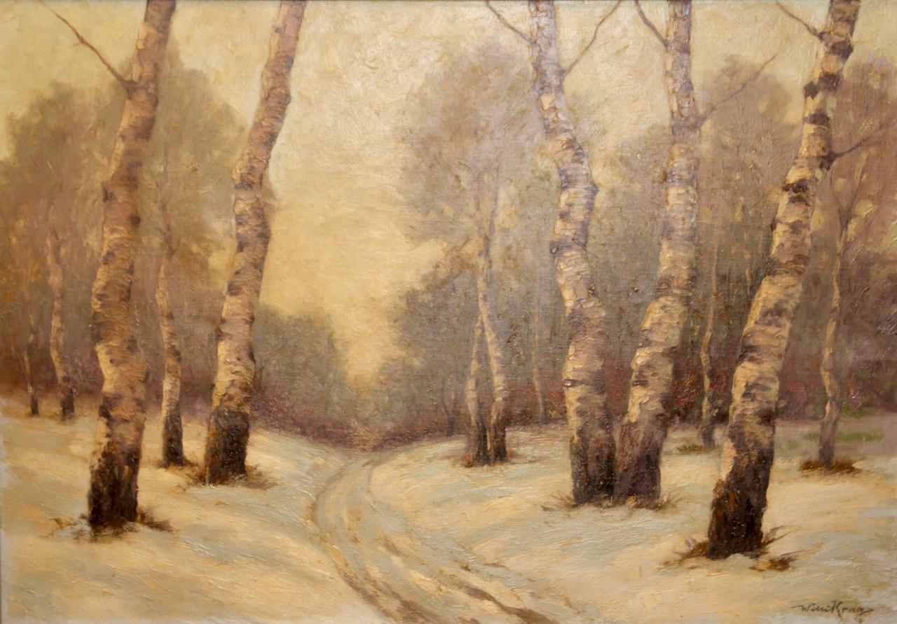 Antikes Ölgemälde von Willi Krug, „Snowy Birch Path“, „Snowy Birch Path“ im Angebot 2