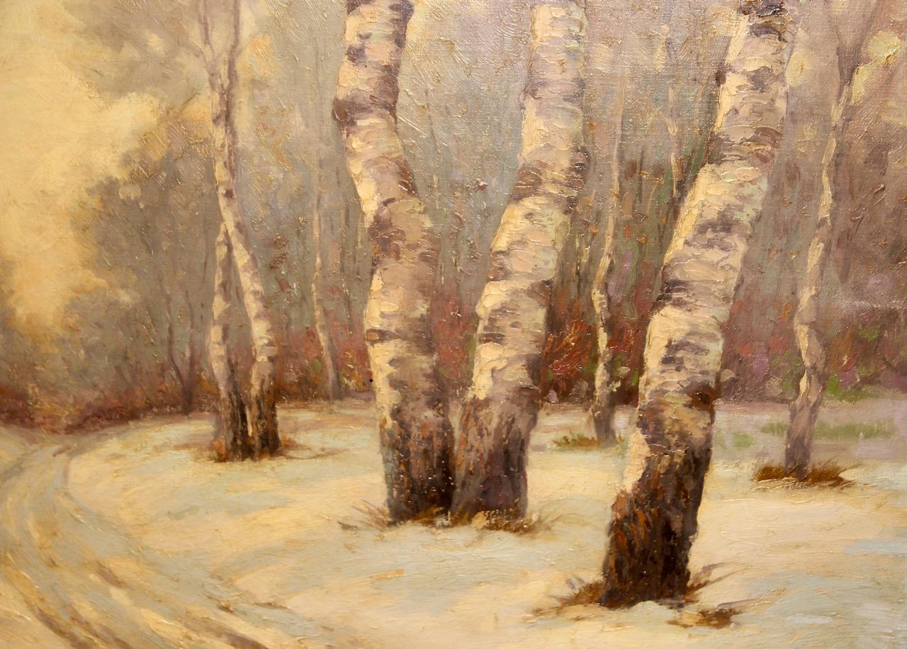 Antikes Ölgemälde von Willi Krug, „Snowy Birch Path“, „Snowy Birch Path“ im Angebot 3