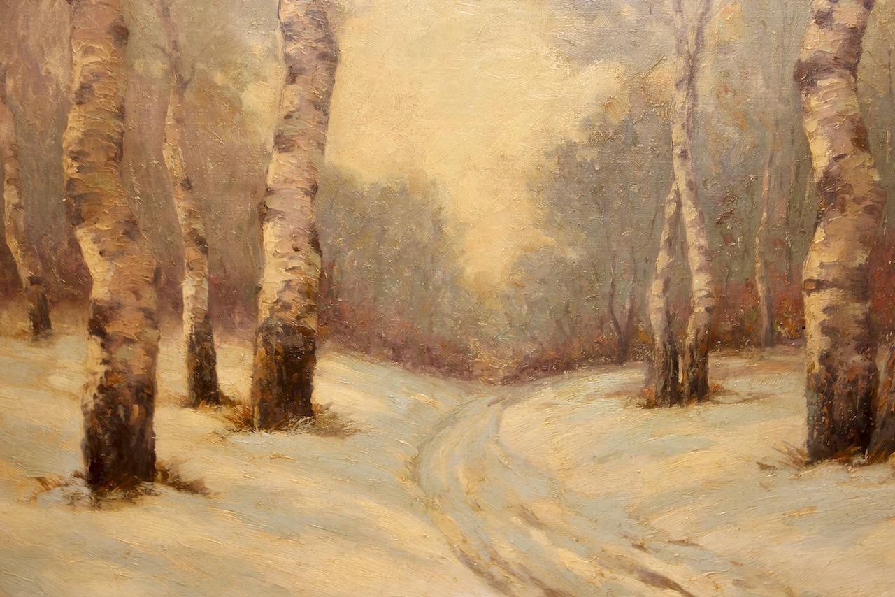 Antikes Ölgemälde von Willi Krug, „Snowy Birch Path“, „Snowy Birch Path“ im Angebot 4