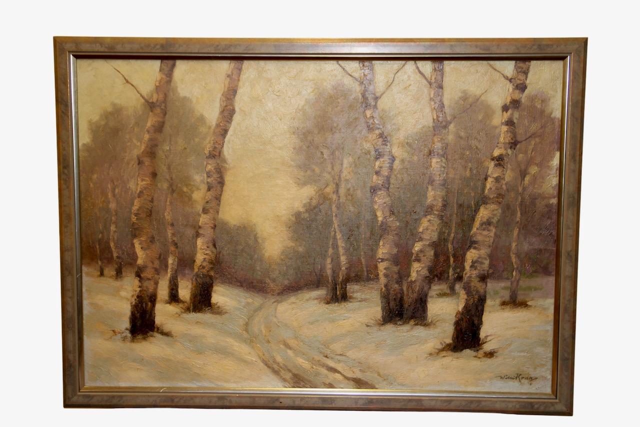 Antique oil painting, Willi Krug, "Snowy Birch Path"

This painting by Willi Krug entitled "Snowy Birch Path" captures the quiet magic of a winter day. The scene is covered by a delicate carpet of snow, which turns the path through the birch forest