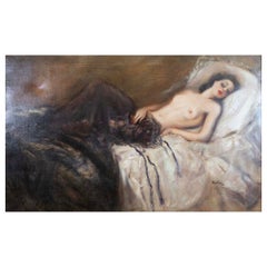 Willi Mallard Signed Untitled Romanticism Female Nude Oil Painting on Canvas
