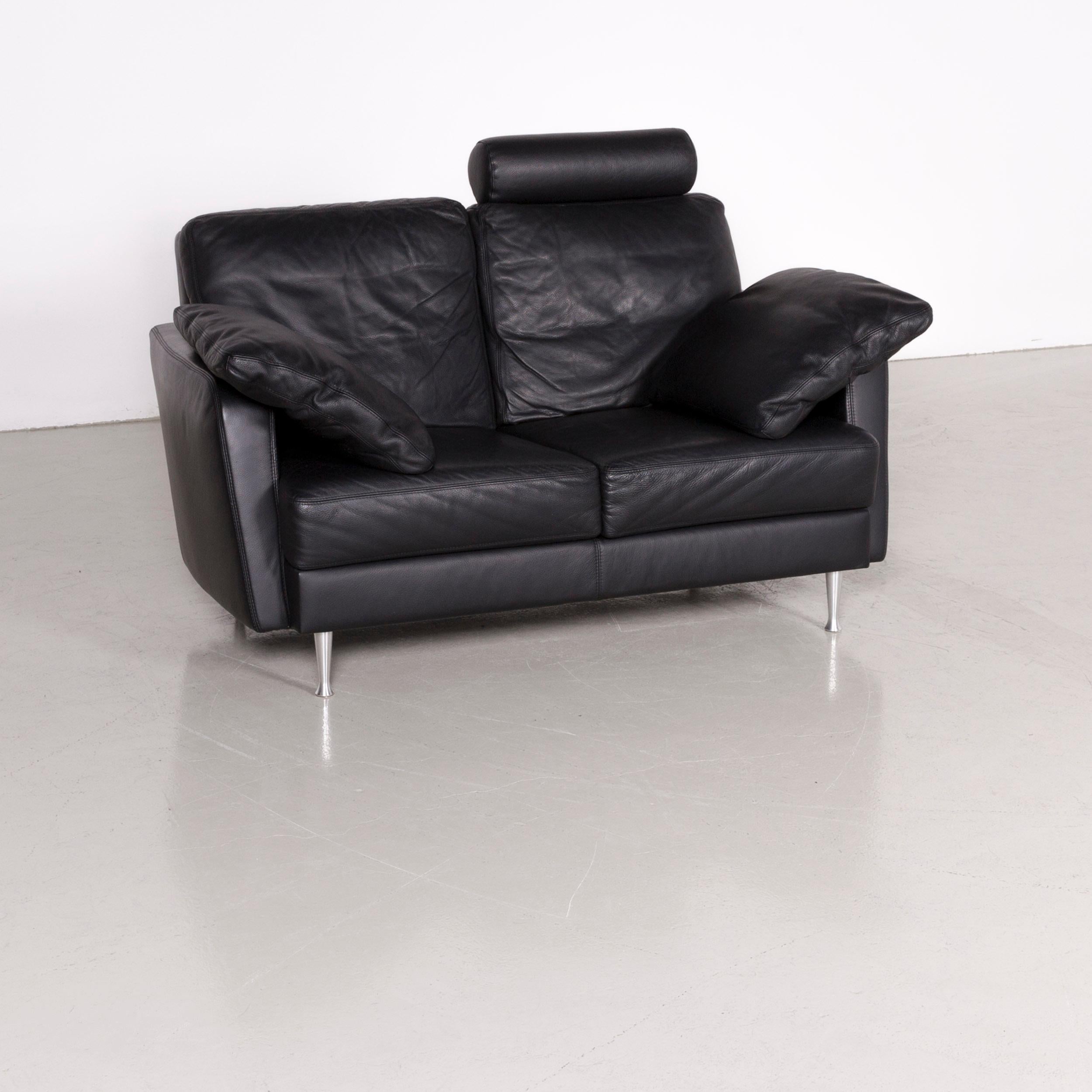 Willi Schillig designer leather sofa black two-seat couch.