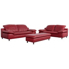 Willi Schillig Designer Leather Sofa Set Red, Three-Seat, Two-Seat and Bench