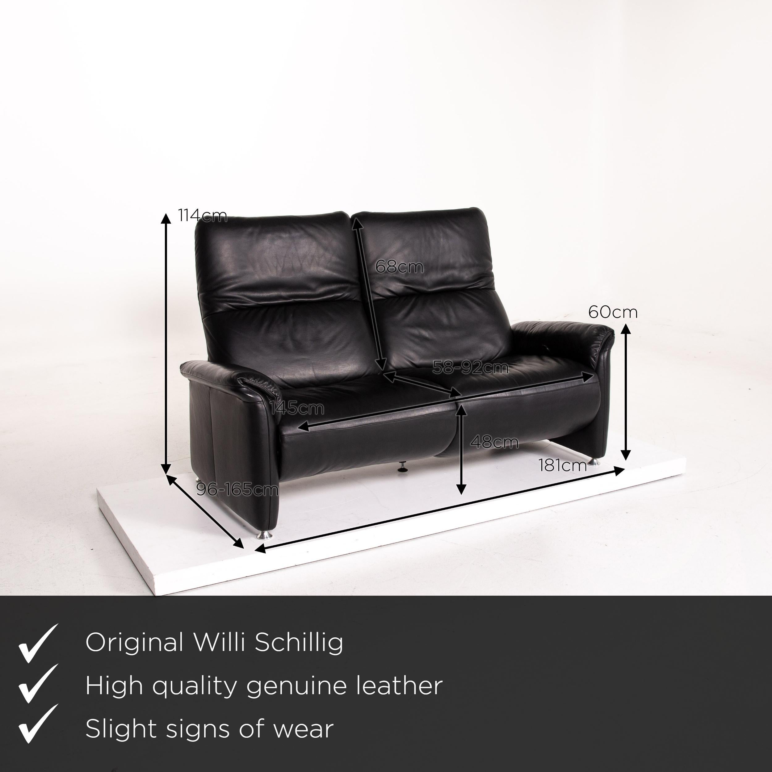 We present to you a Willi Schillig Ergoline leather sofa black two-seat function relax function.

Product measurements in centimeters:

Depth 96
Width 181
Height 114
Seat height 48
Rest height 60
Seat depth 58
Seat width 145
Back height