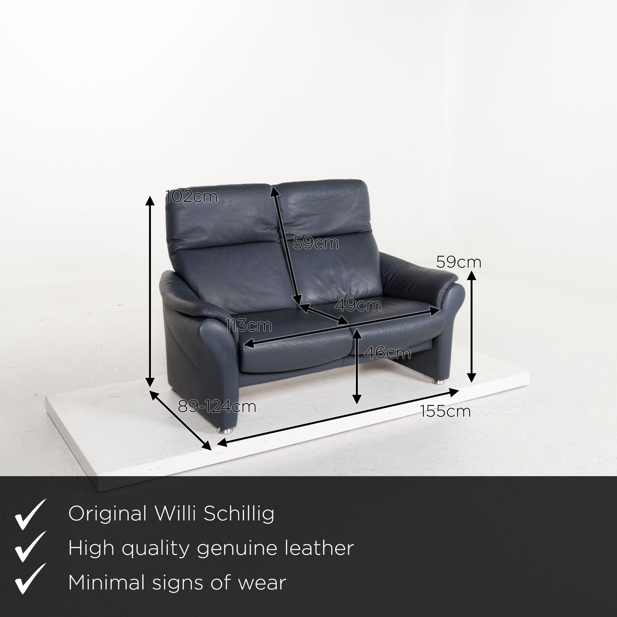We present to you a Willi Schillig Ergoline leather sofa blue two-seat function relax function.
 

 Product measurements in centimeters:
 

Depth 89
Width 155
Height 102
Seat height 46
Rest height 59
Seat depth 49
Seat width 113
Back