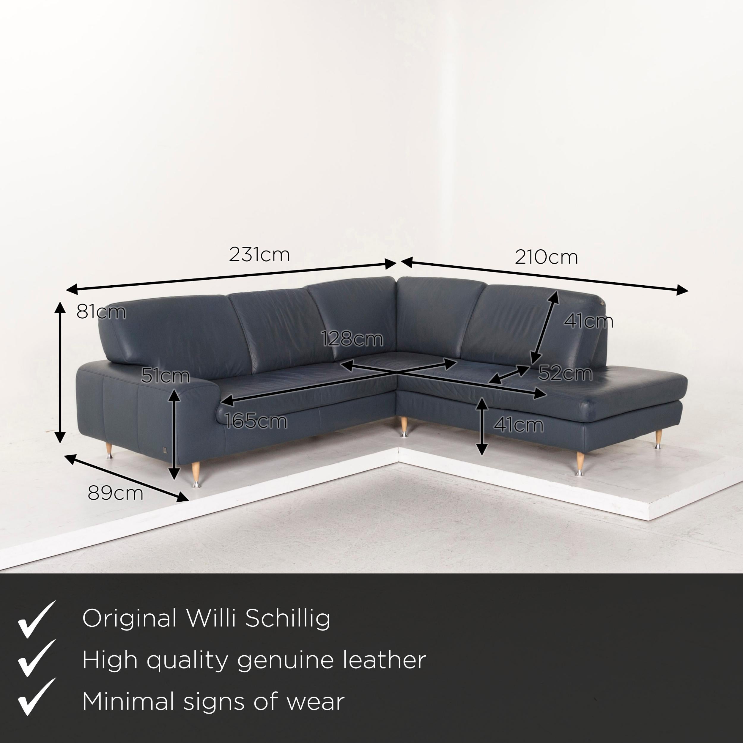 We present to you a Willi Schillig leather corner sofa blue sofa couch.

 

 Product measurements in centimeters:
 

Depth 89
Width 231
Height 81
Seat height 41
Rest height 51
Seat depth 52
Seat width 165
Back height 41.
  