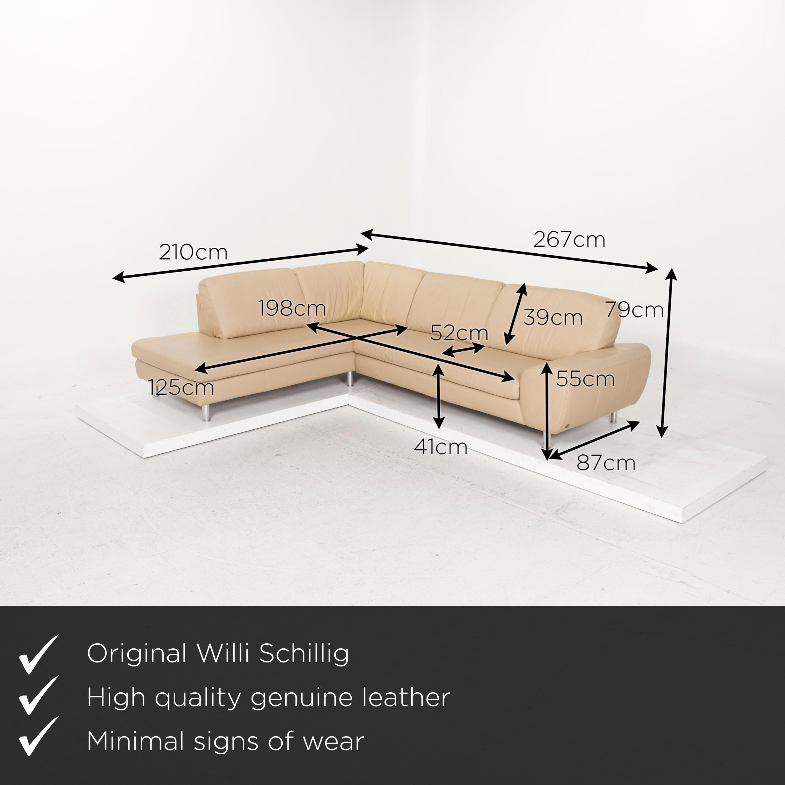 We present to you a Willi Schillig leather sofa beige corner sofa.

 

 Product measurements in centimeters:
 

Depth 87
Width 210
Height 79
Seat height 41
Rest height 55
Seat depth 52
Seat width 125
Back height 39.
  