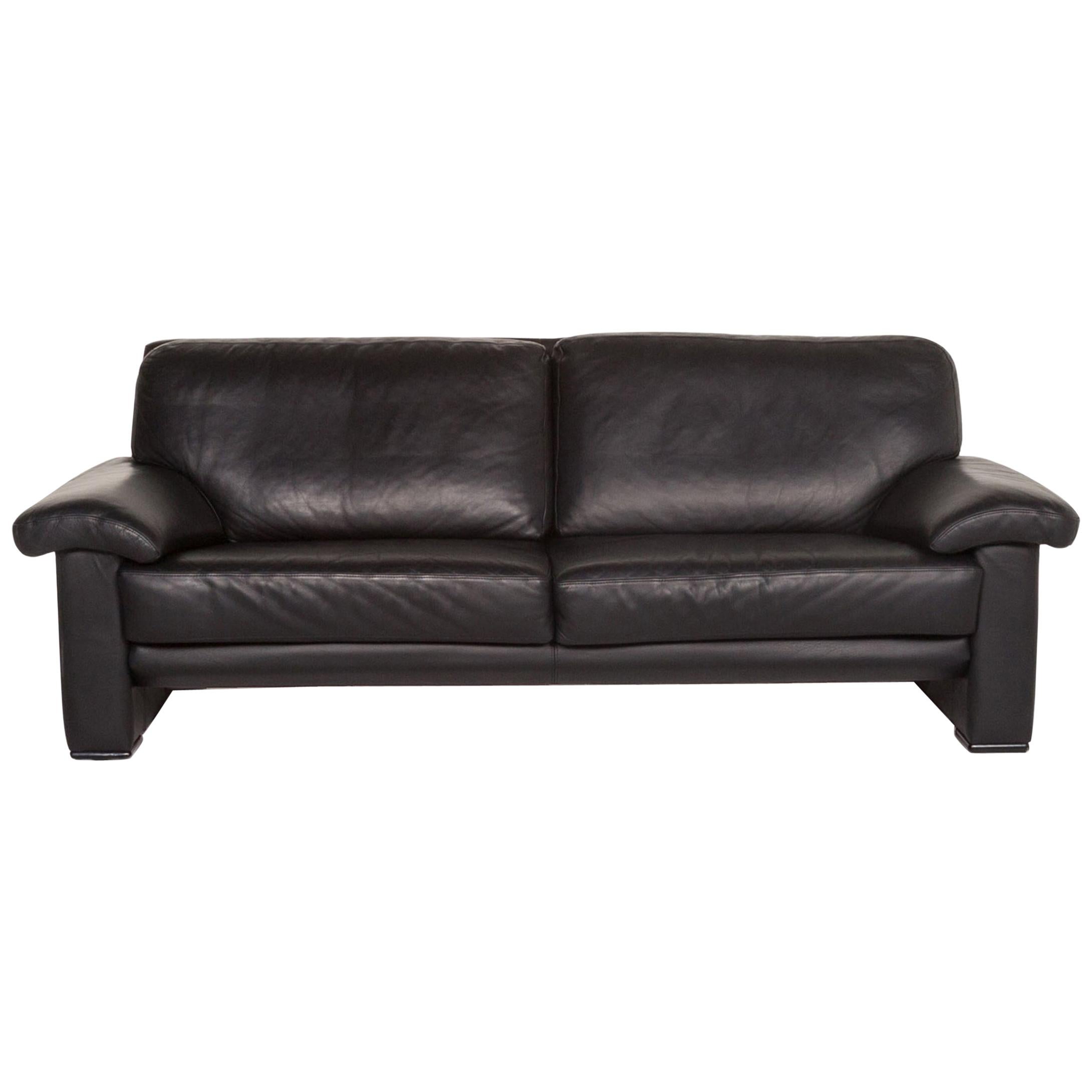 Willi Schillig Leather Sofa Black Three-Seat Couch For Sale
