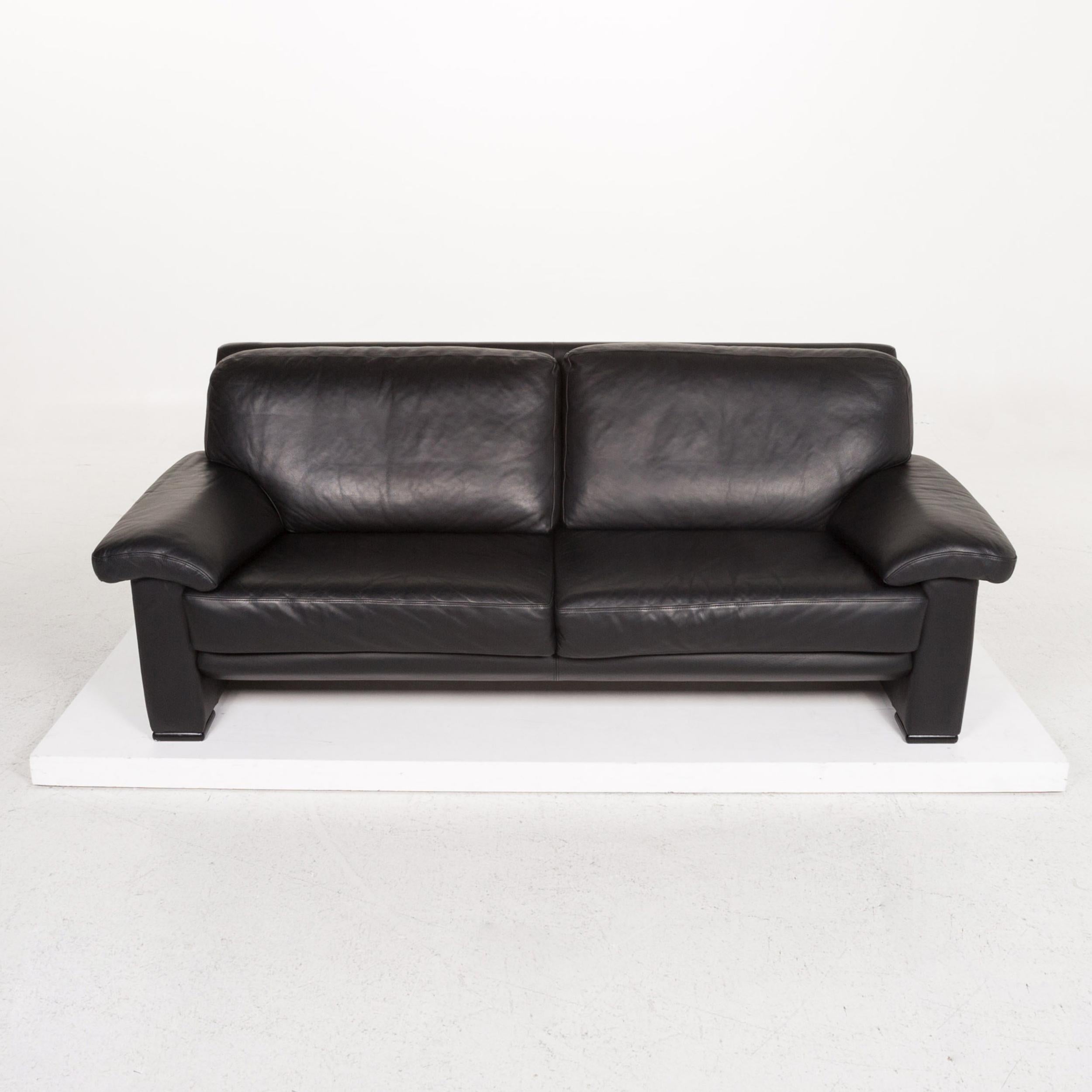 Contemporary Willi Schillig Leather Sofa Black Three-Seat Couch For Sale