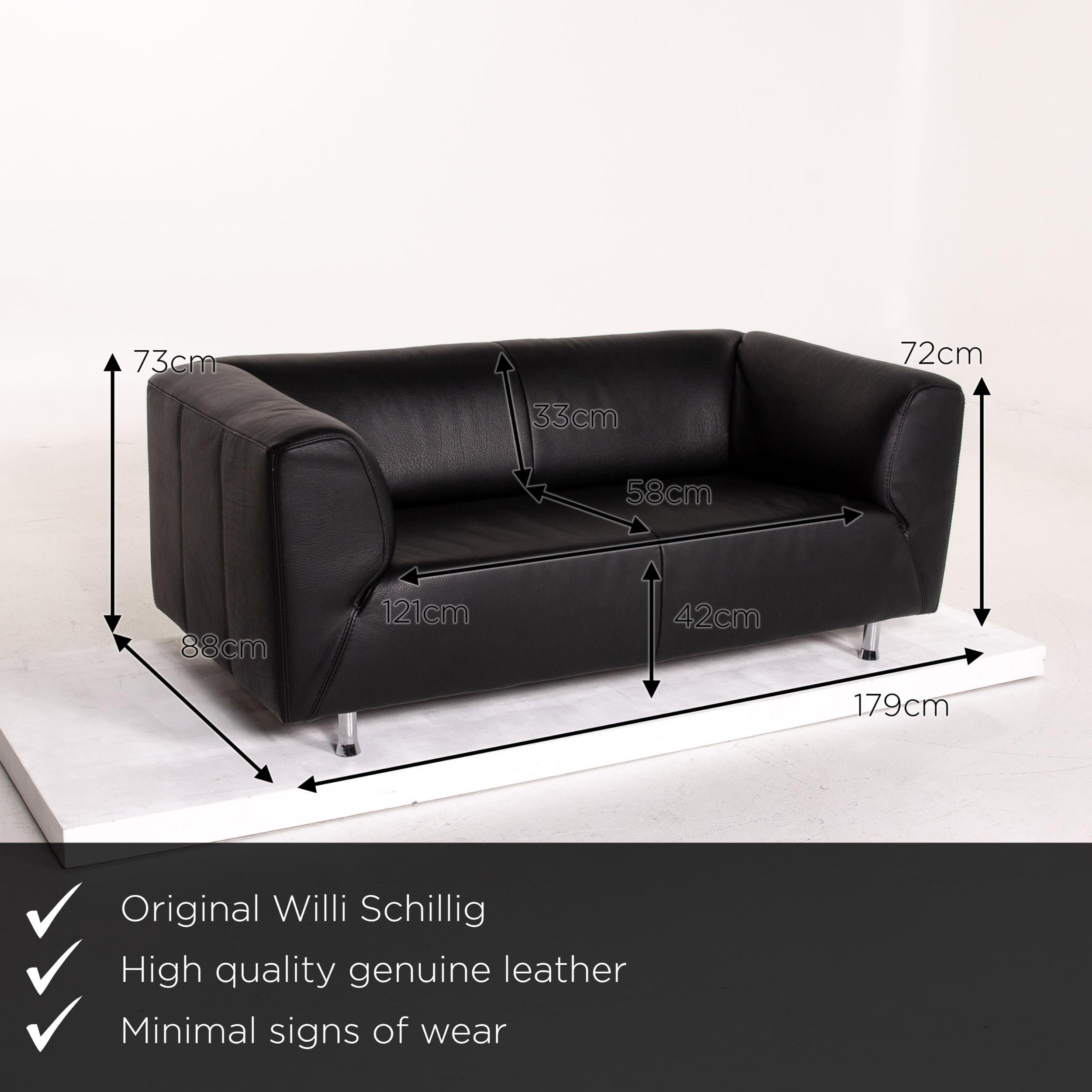 We present to you a Willi Schillig leather sofa black two-seat couch.

 

 Product measurements in centimeters:
 

Depth 88
Width 179
Height 73
Seat height 42
Rest height 72
Seat depth 58
Seat width 121
Back height 33.