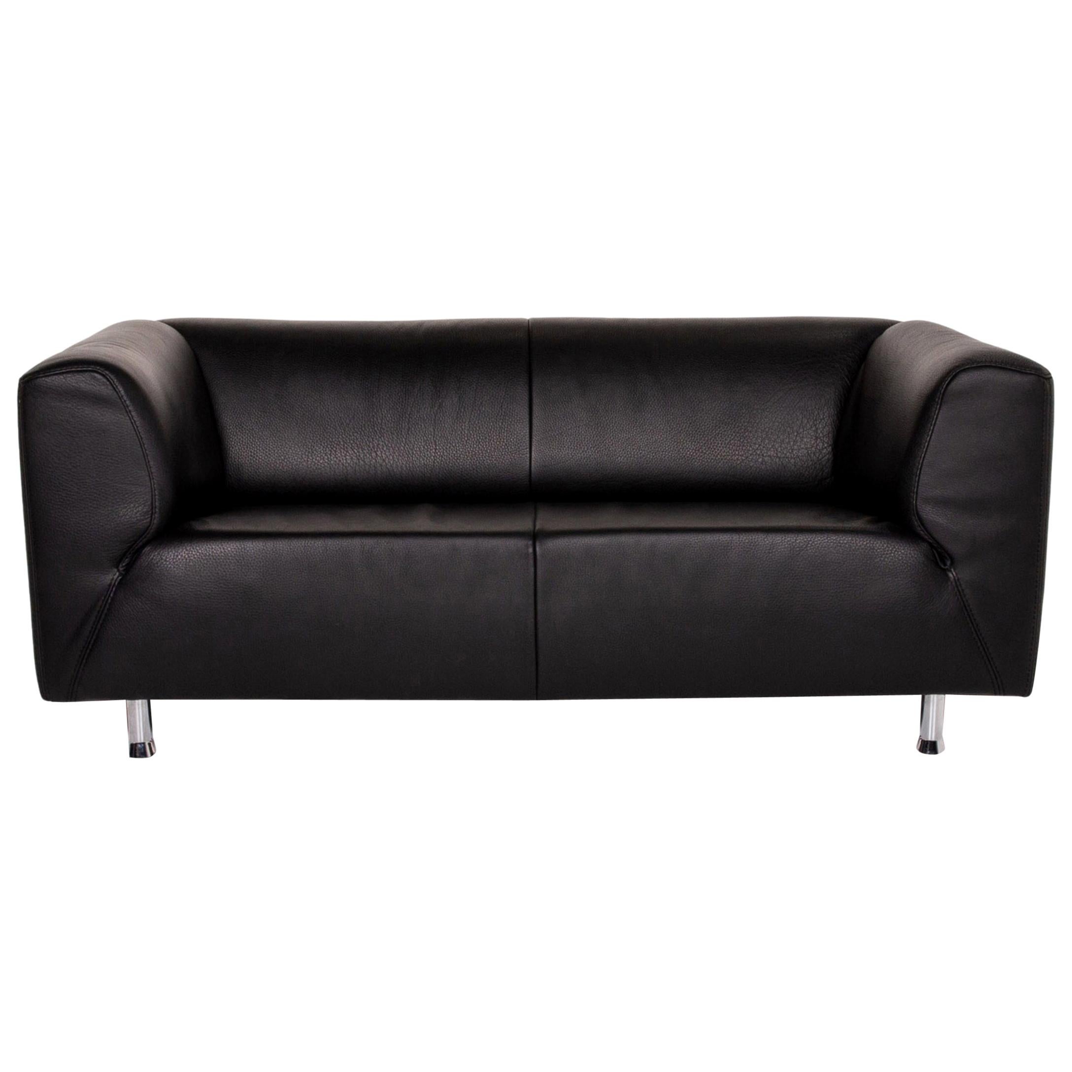 Willi Schillig Leather Sofa Black Two-Seat Couch For Sale