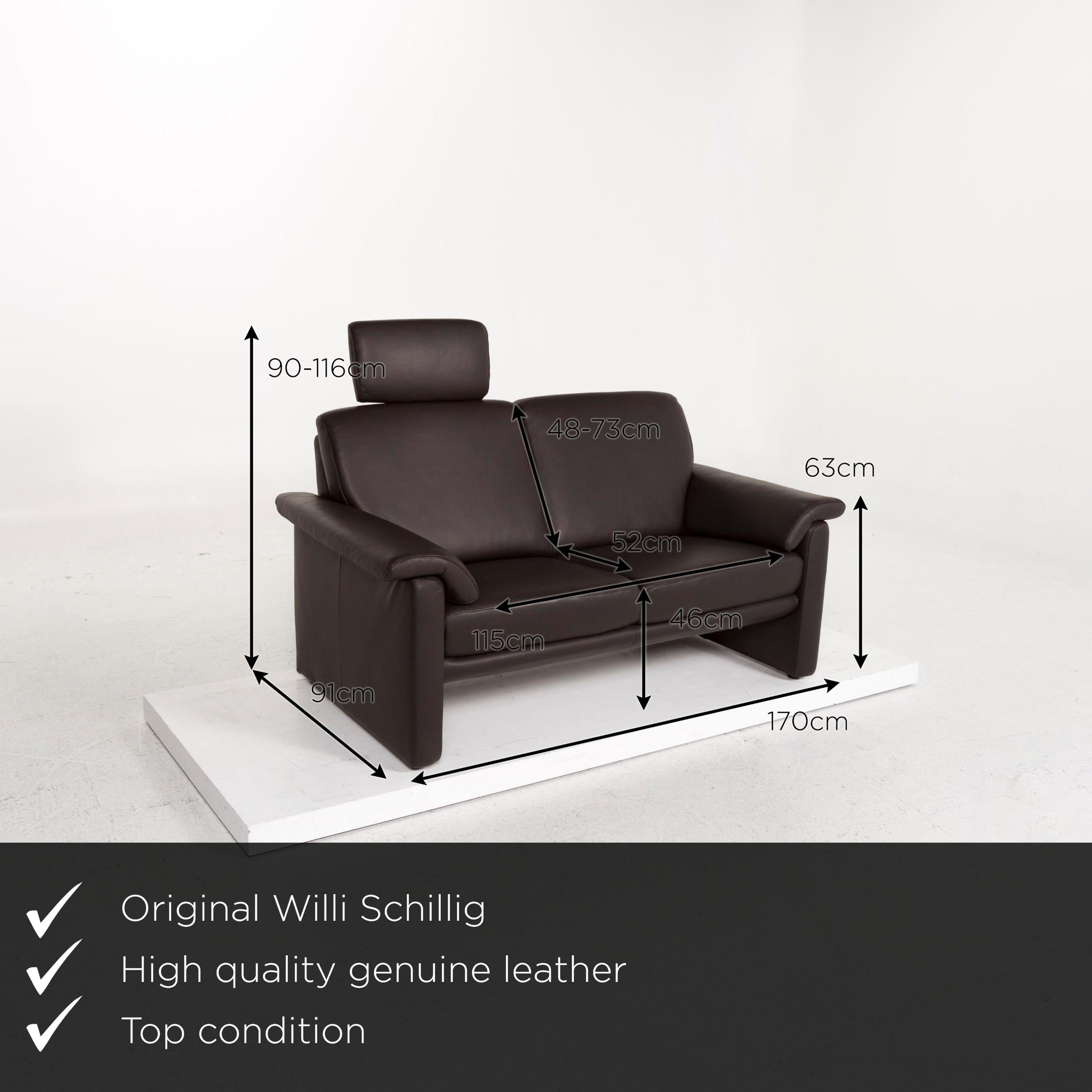 We present to you a Willi Schillig leather sofa brown dark brown two-seat couch.
 

 Product measurements in centimeters:
 

Depth 91
Width 170
Height 90
Seat height 46
Rest height 63
Seat depth 52
Seat width 115
Back height 48.

 