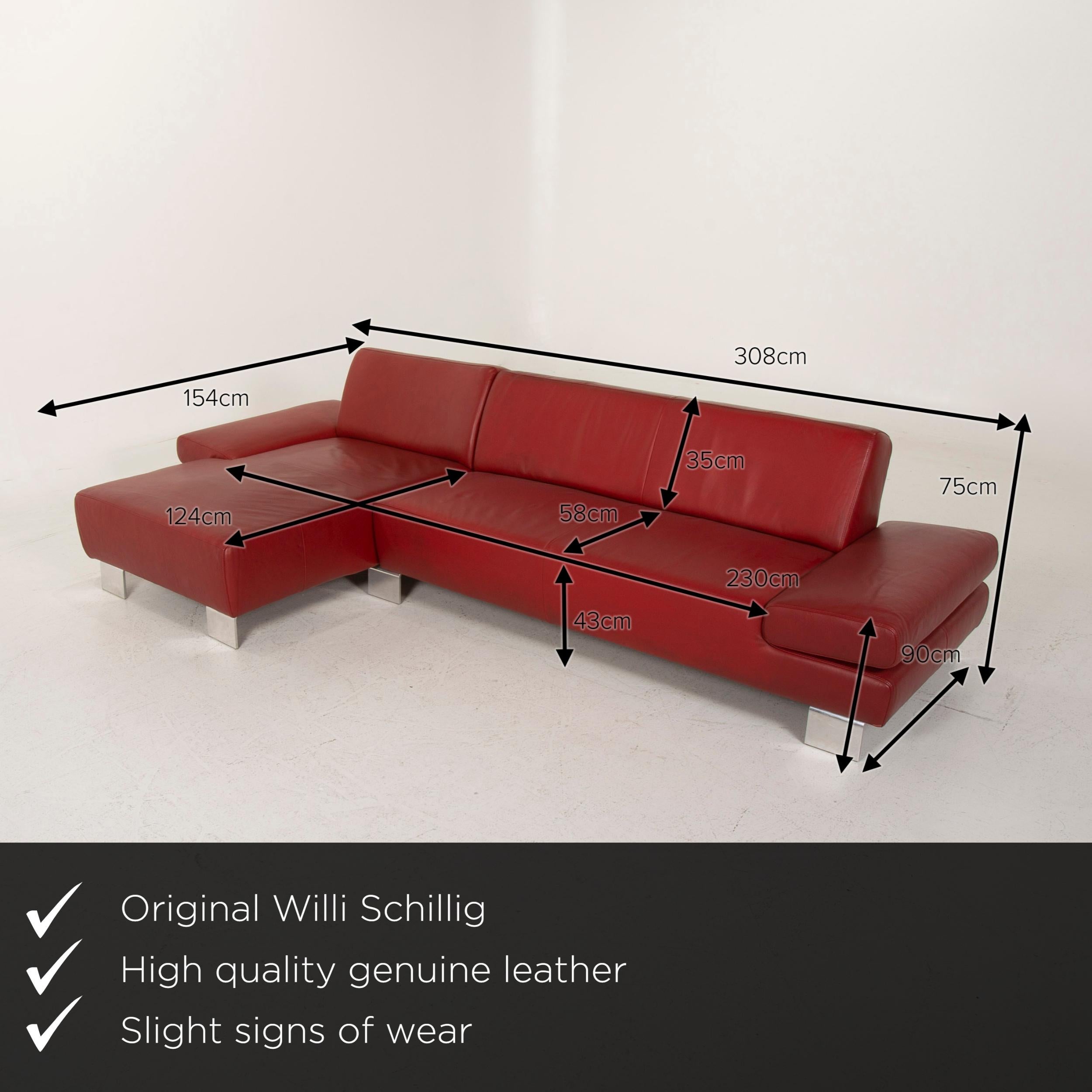 We present to you a Willi Schillig leather sofa red corner sofa.


 Product measurements in centimeters:
 

Depth 154
Width 308
Height 75
Seat height 43
Rest height 48
Seat depth 124
Seat width 230
Back height 35.
 
