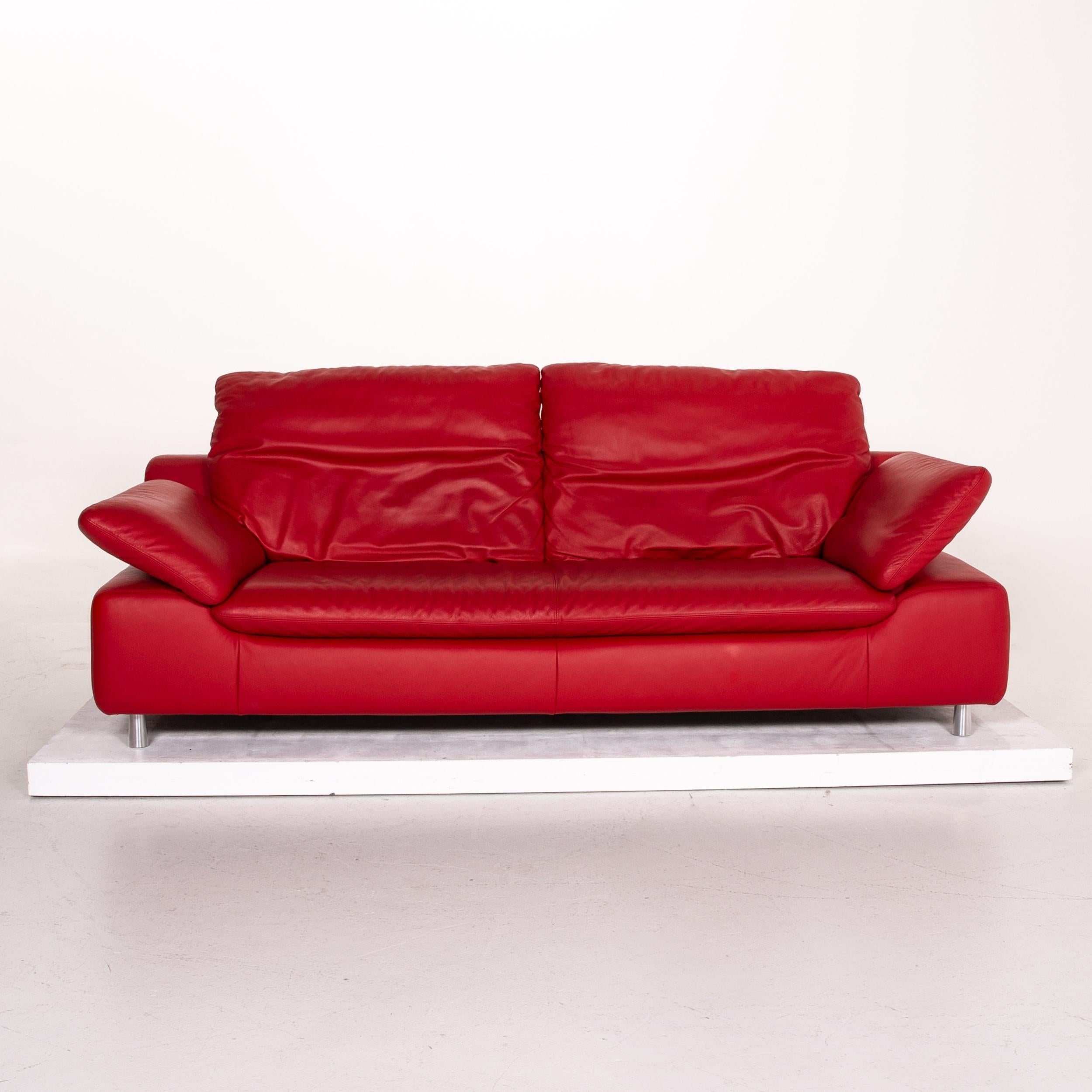 Modern Willi Schillig Leather Sofa Red Three-Seat Function Couch For Sale