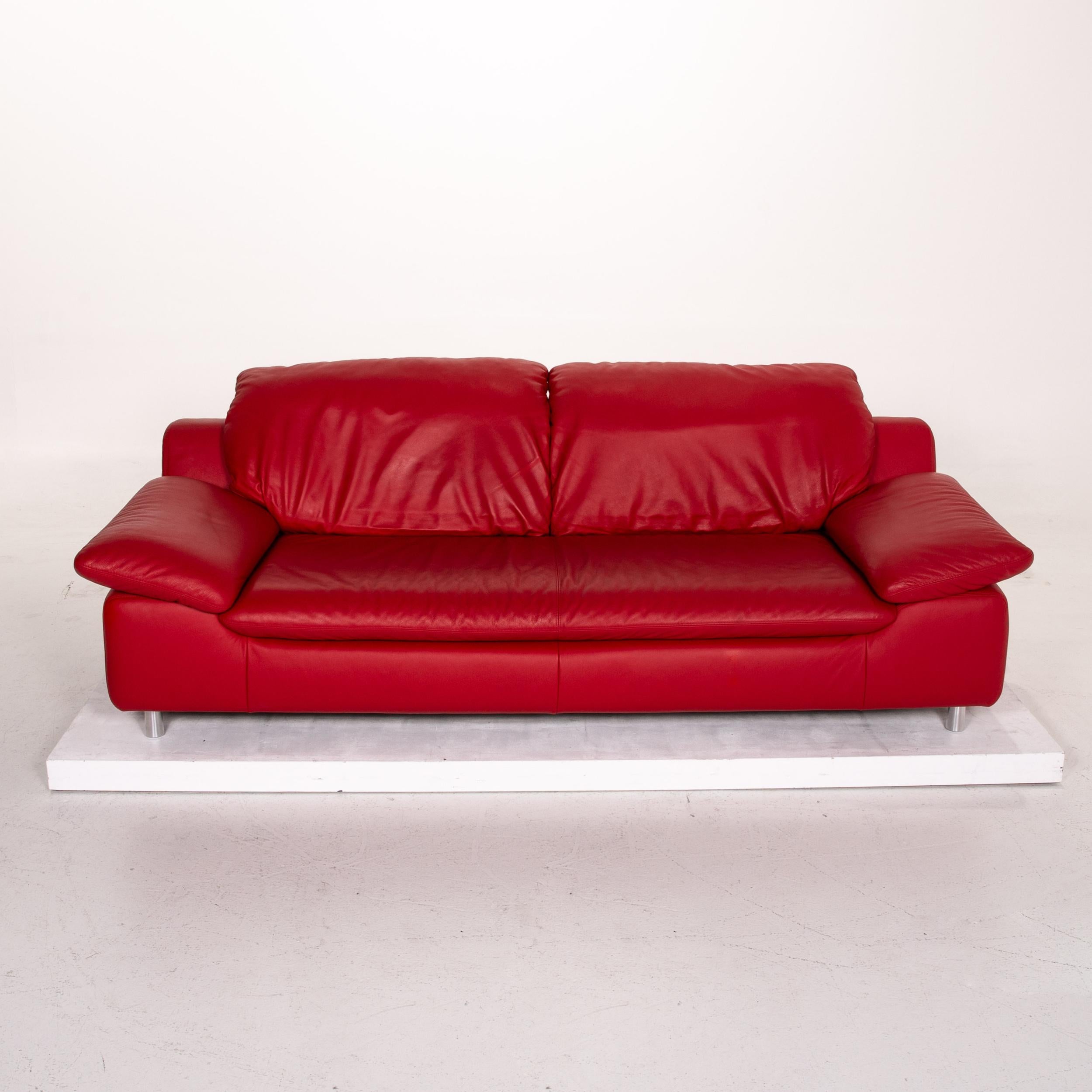 Willi Schillig Leather Sofa Red Three-Seat Function Couch For Sale 3