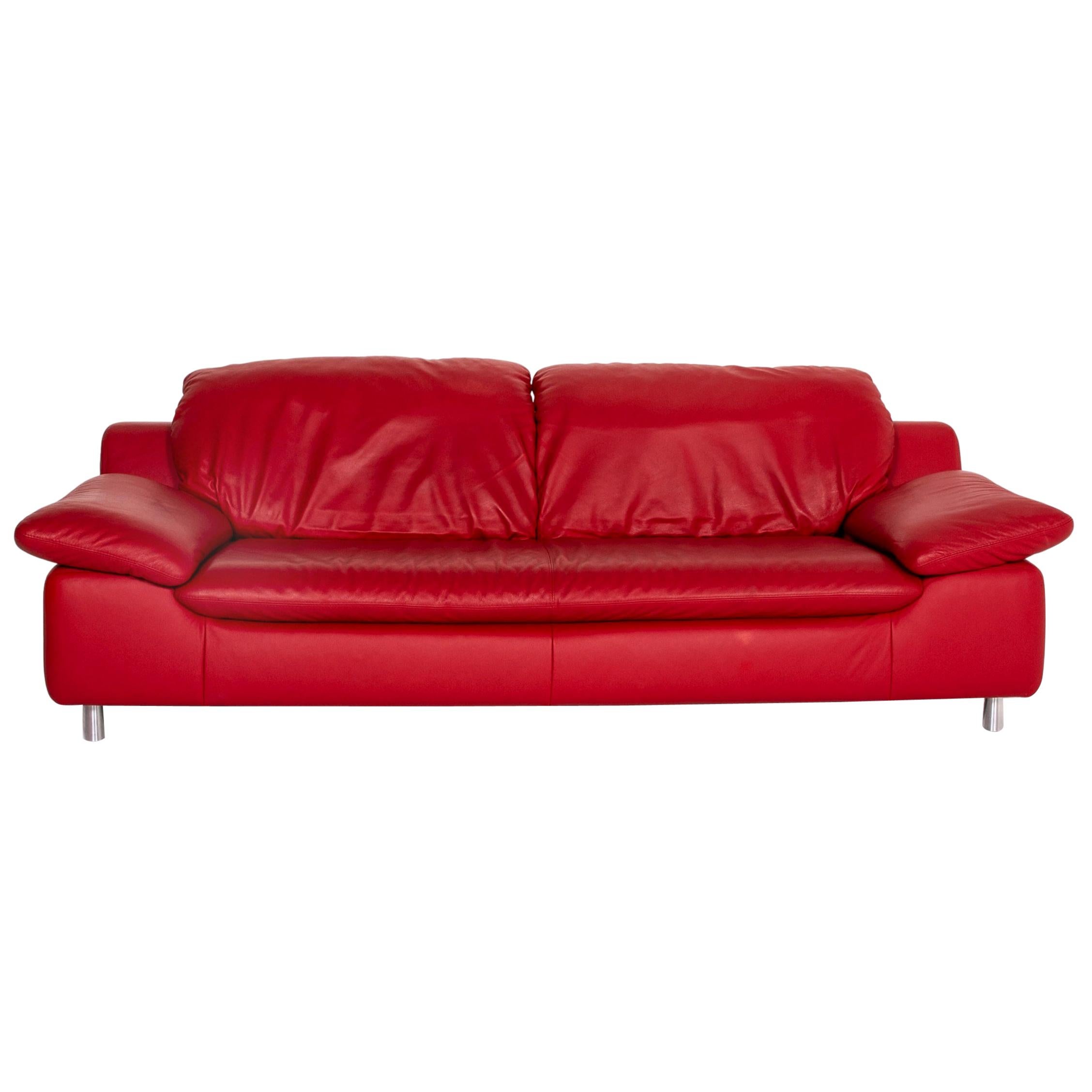 Willi Schillig Leather Sofa Red Three-Seat Function Couch For Sale