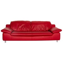 Willi Schillig Leather Sofa Red Three-Seat Function Couch