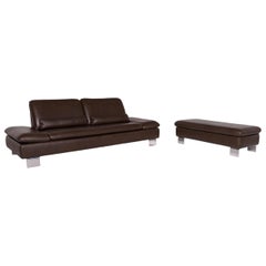Willi Schillig Leather Sofa Set Brown Dark Brown 1 Three-Seat 1 Stool
