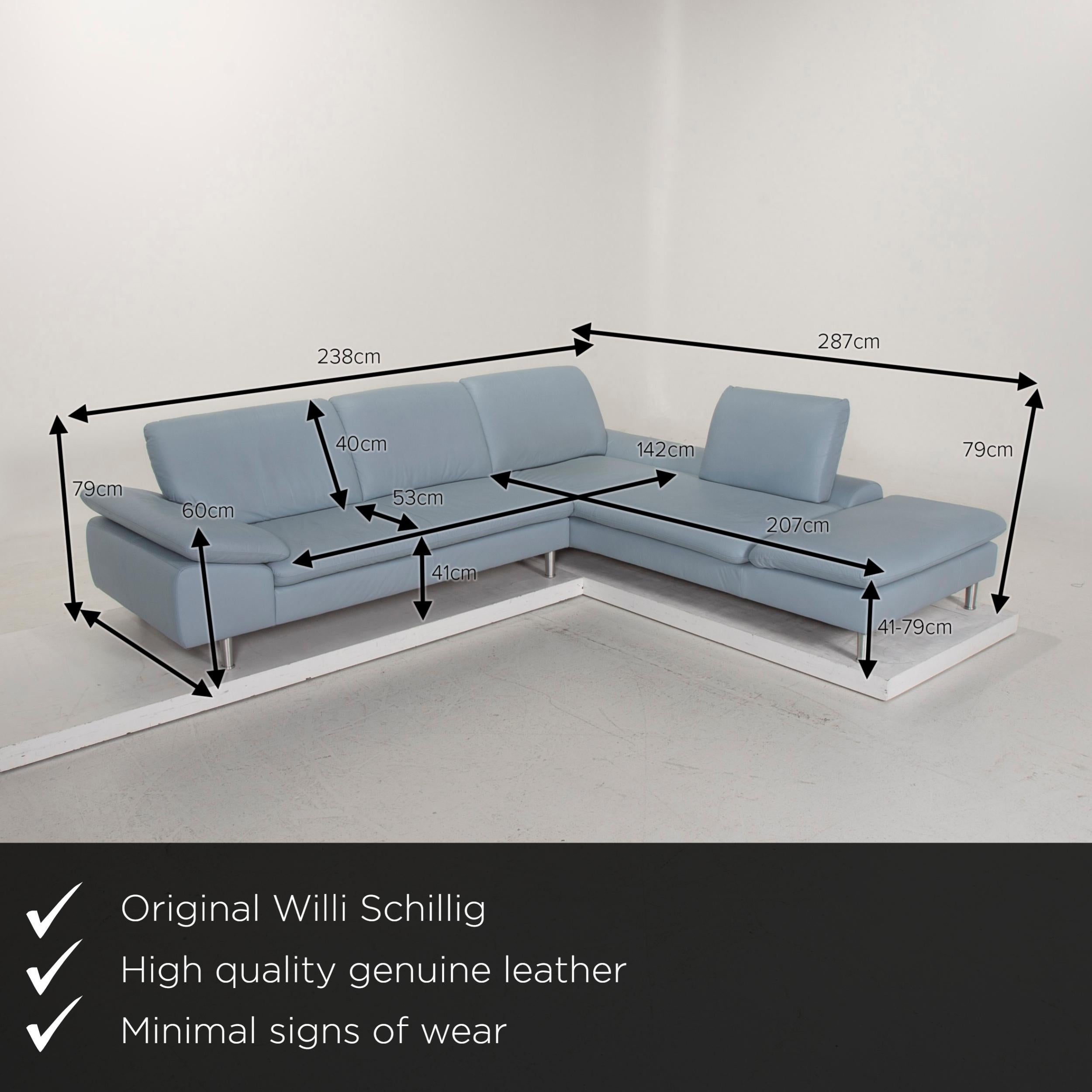 We present to you a Willi Schillig Loop leather sofa ice blue corner sofa blue function couch.


 Product measurements in centimeters:
 

Depth 102
Width 238
Height 79
Seat height 41
Rest height 41
Seat depth 53
Seat width 207
Back