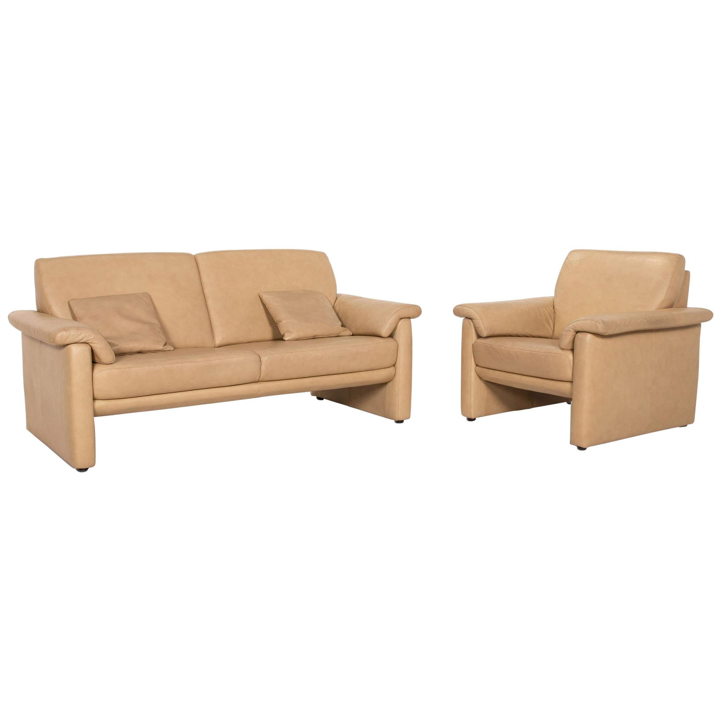 Willi Schillig Lucca Leather Sofa Set Beige 1 Two-Seat 1 Armchair For Sale