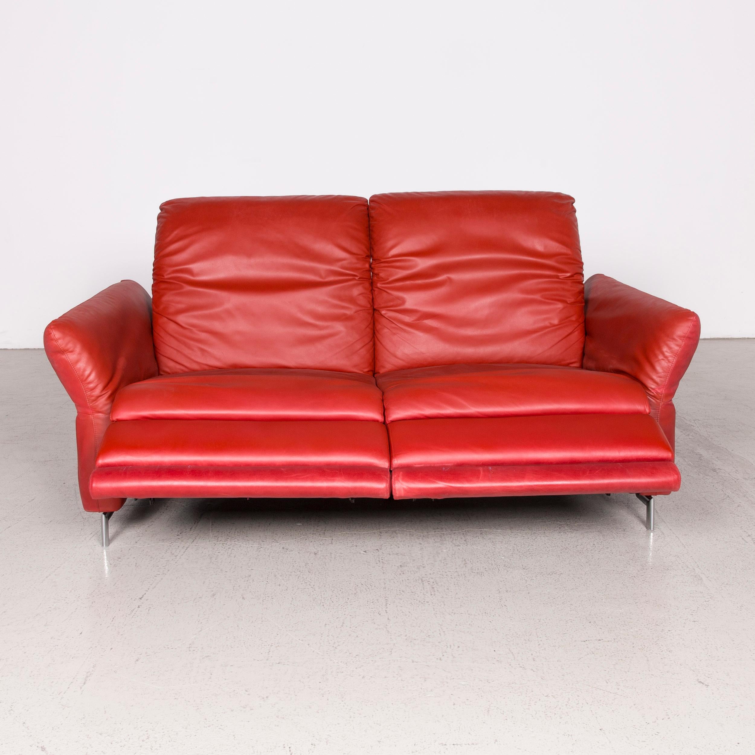 German Willi Schillig Siena Designer Leather Sofa Red Real Leather Dreisityer Couch For Sale