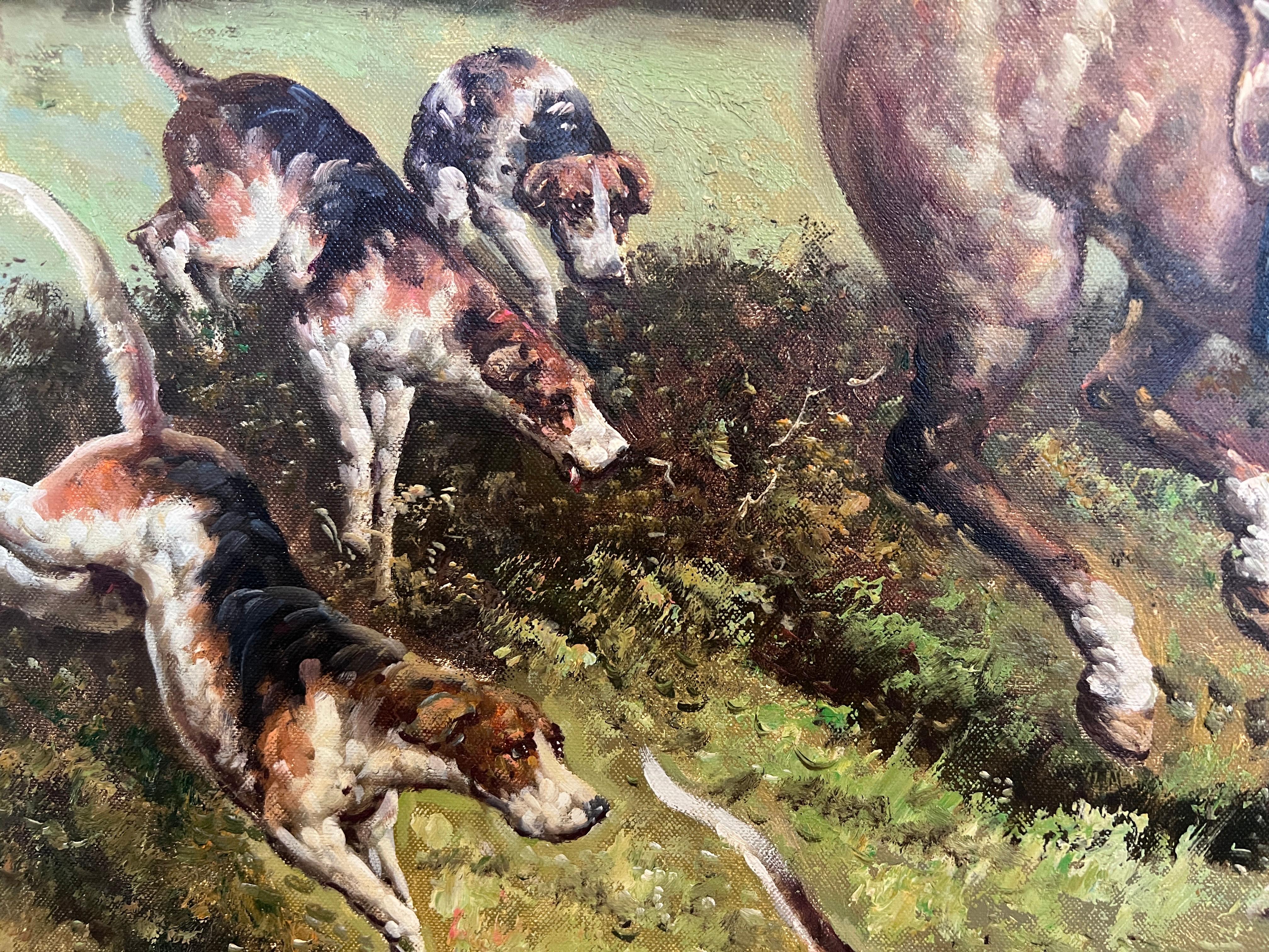 English Fox Hunting Scene Horse Hounds Oil Painting Signed William Framed For Sale 9