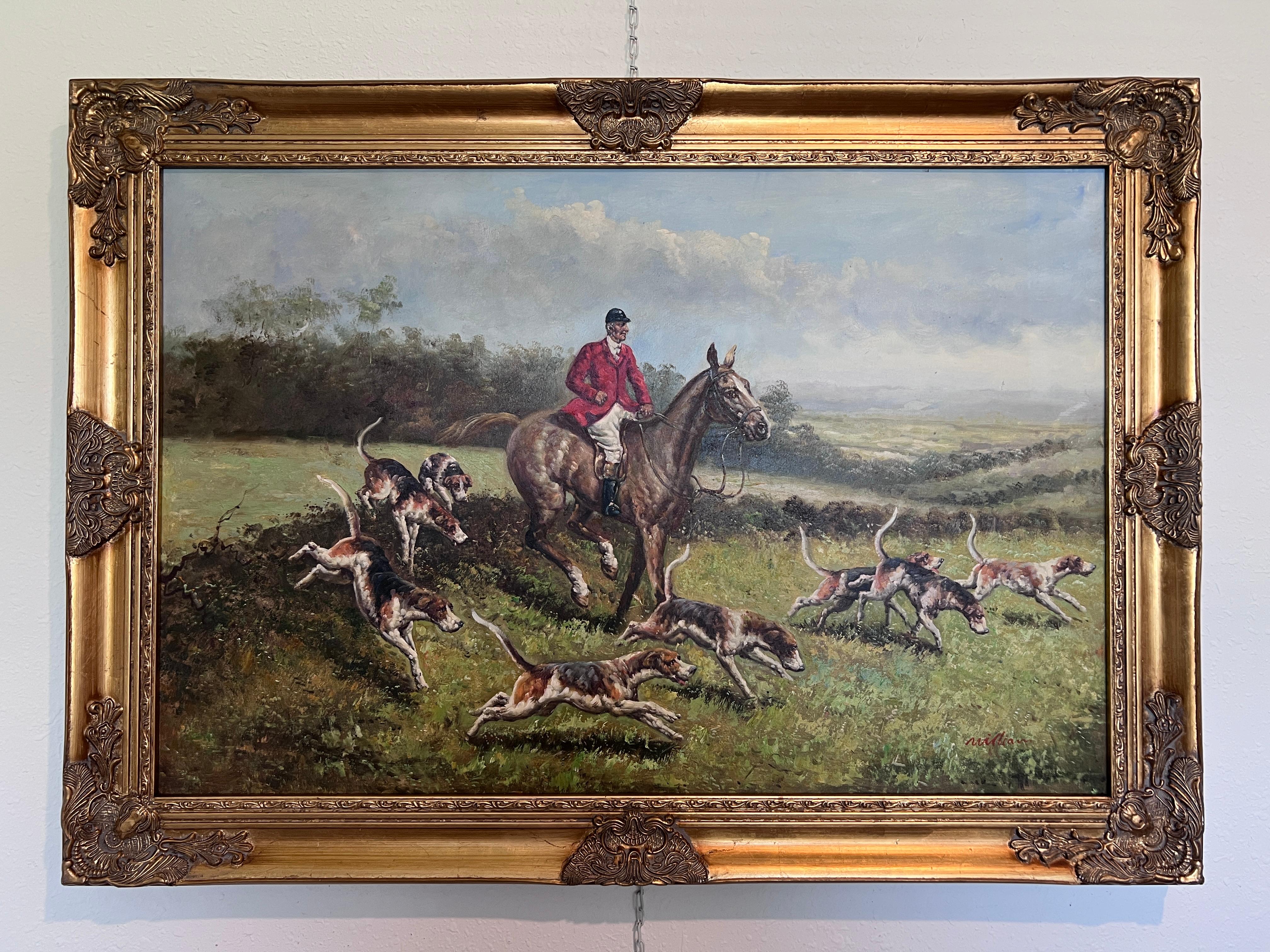 English Fox Hunting Scene Horse Hounds Oil Painting Signed William Framed For Sale 1