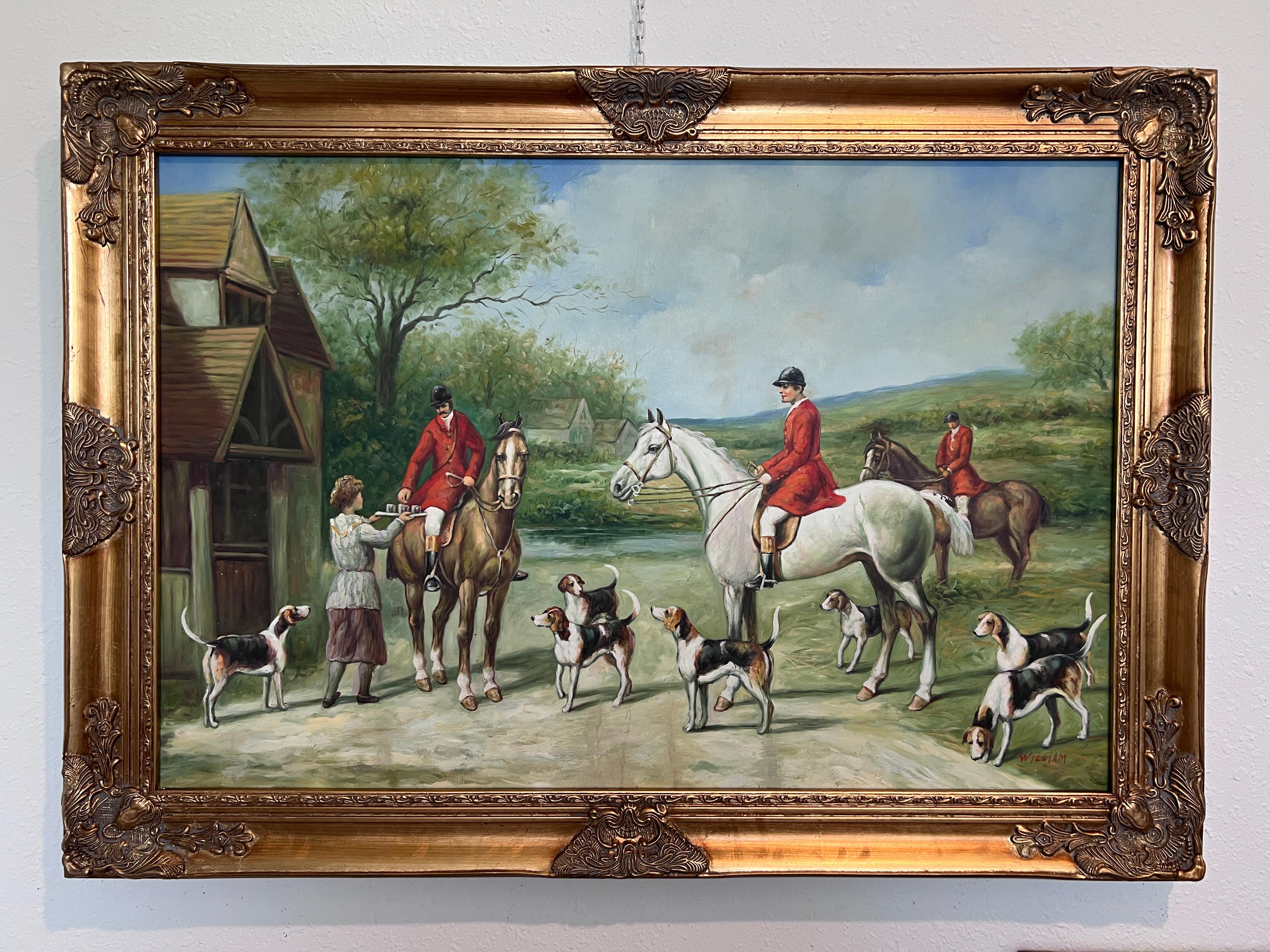 English Fox Hunting Scene Horse Hounds Oil Painting Signed William Framed For Sale 1