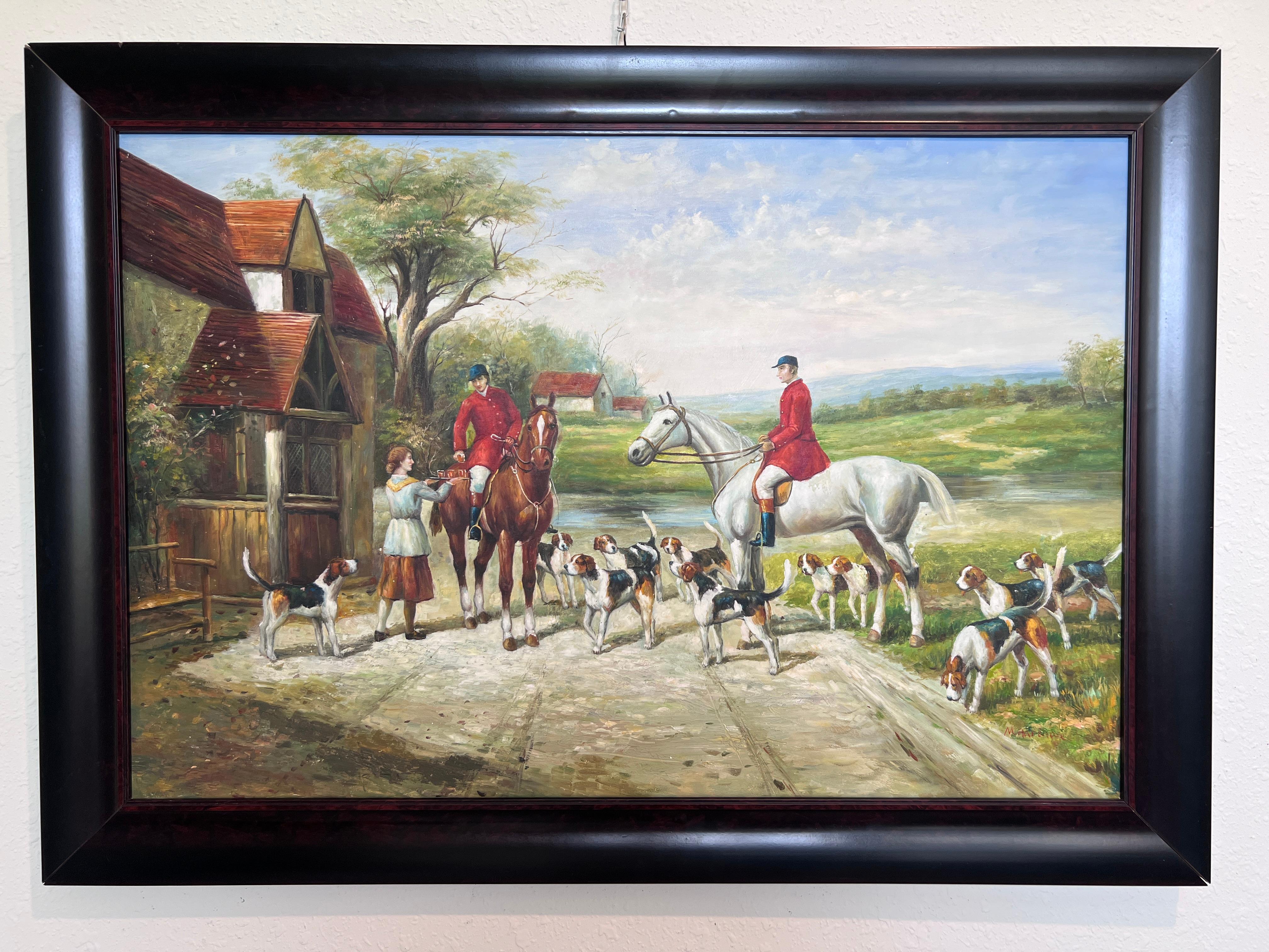 English Fox Hunting Scene Horse Hounds Ölgemälde Signed William Gerahmt im Angebot 1