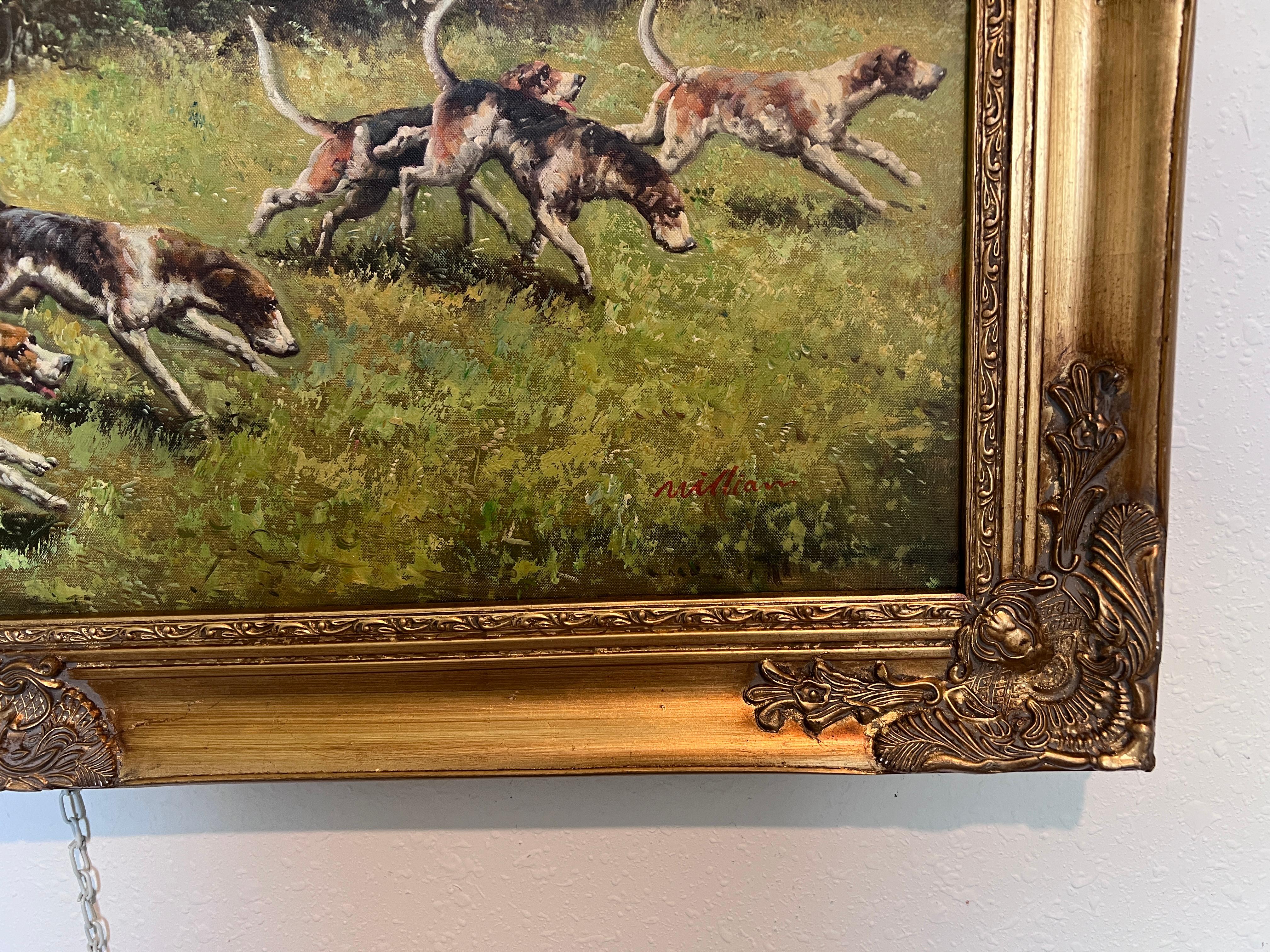 English Fox Hunting Scene Horse Hounds Oil Painting Signed William Framed For Sale 6
