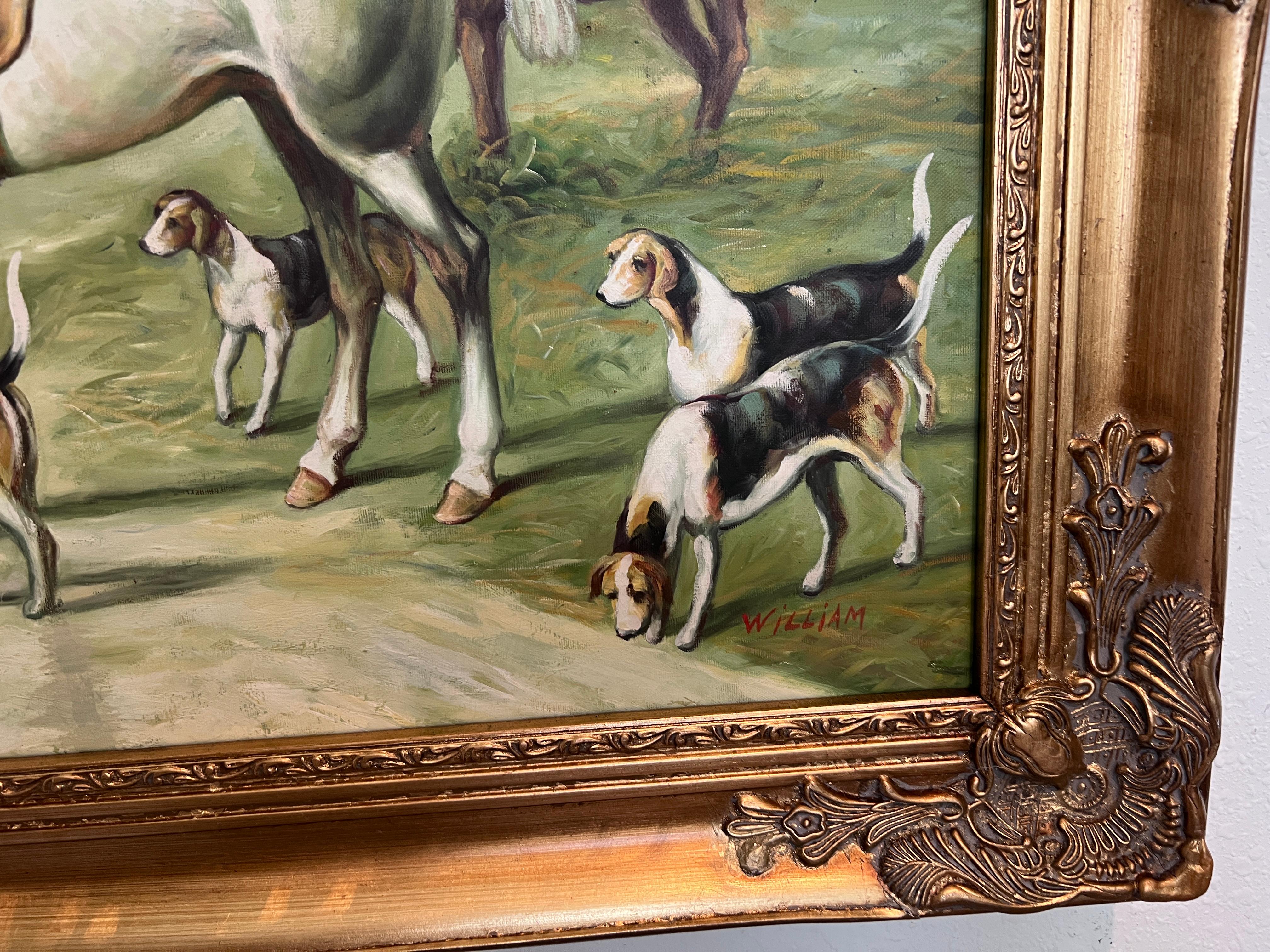 English Fox Hunting Scene Horse Hounds Oil Painting Signed William Framed For Sale 6