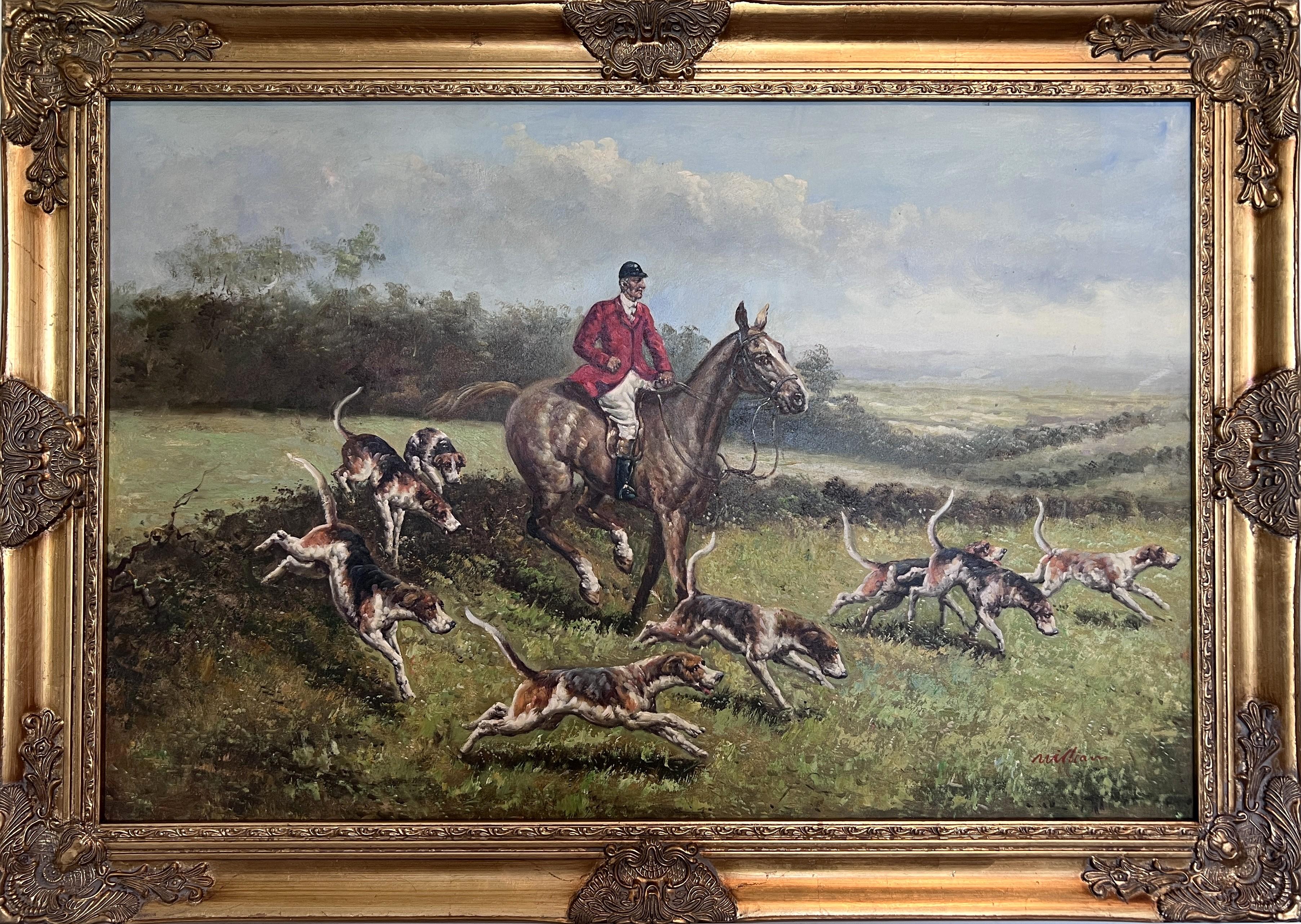 This magnificent original oil painting on canvas portrays an iconic English fox hunt scene, rendered with energy and finesse by the artist signed "William." The composition captures a dynamic moment: a huntsman in red coat astride a galloping horse,