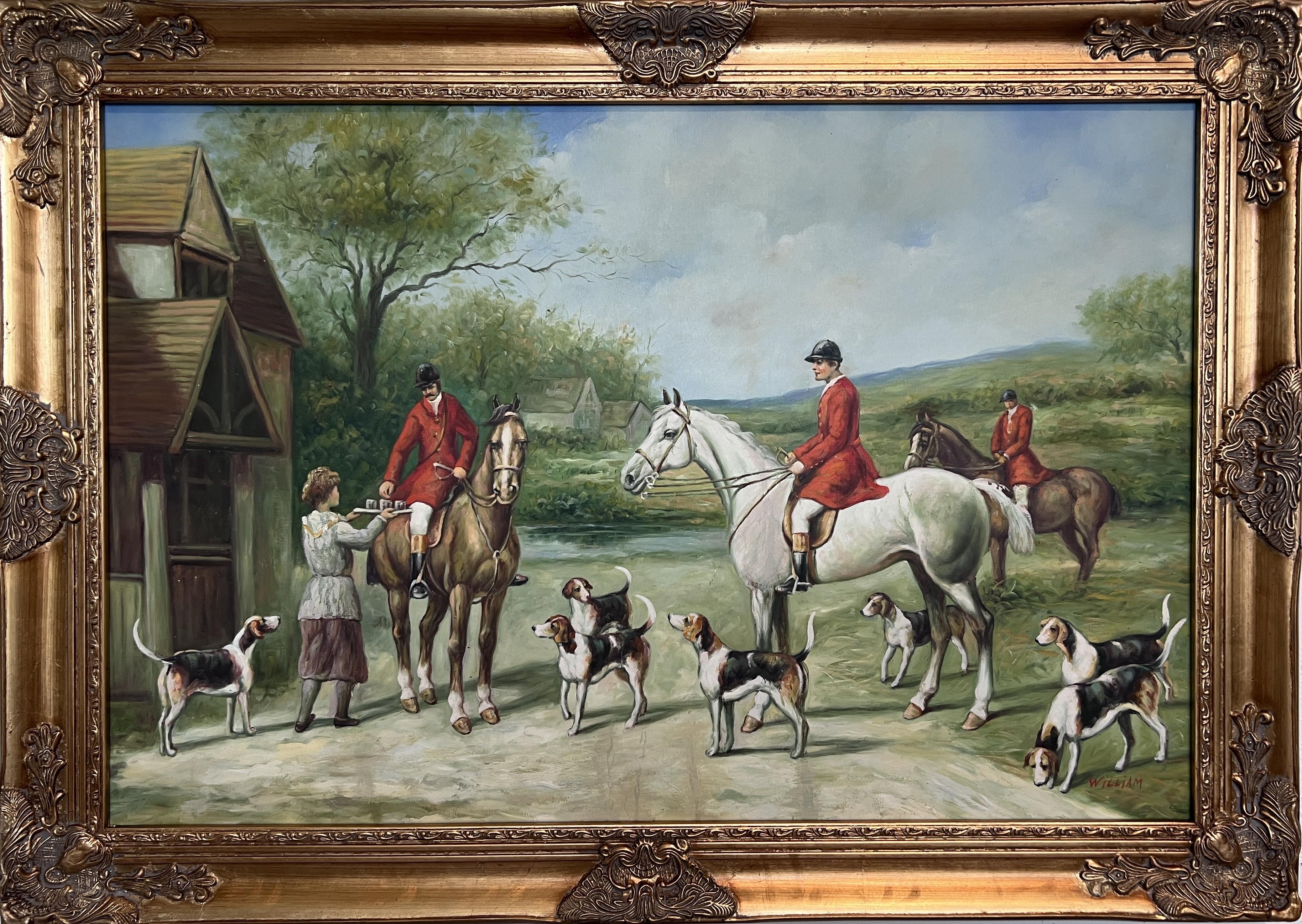 This magnificent original oil painting on canvas portrays an iconic English fox hunt scene, rendered with energy and finesse by the artist signed "William." The composition captures the poised moment of preparation before the hunt begins — with a