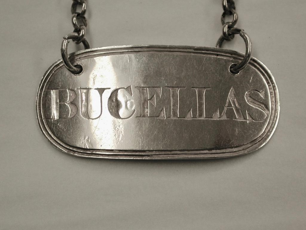 William IV silver Bucellas wine label, dated 1831, Edward Thomason, Birmingham
Quite a rare wine label name, which is high on the list for collectors.
Bucellas was introduced to England in the early 19th century, bought back in large