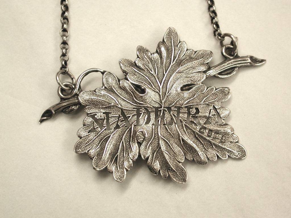 William 1V silver Madiera label, dated 1835, Joseph Willmore, of Birmingham
Depicting a vine leaf and twine, hand pierced.