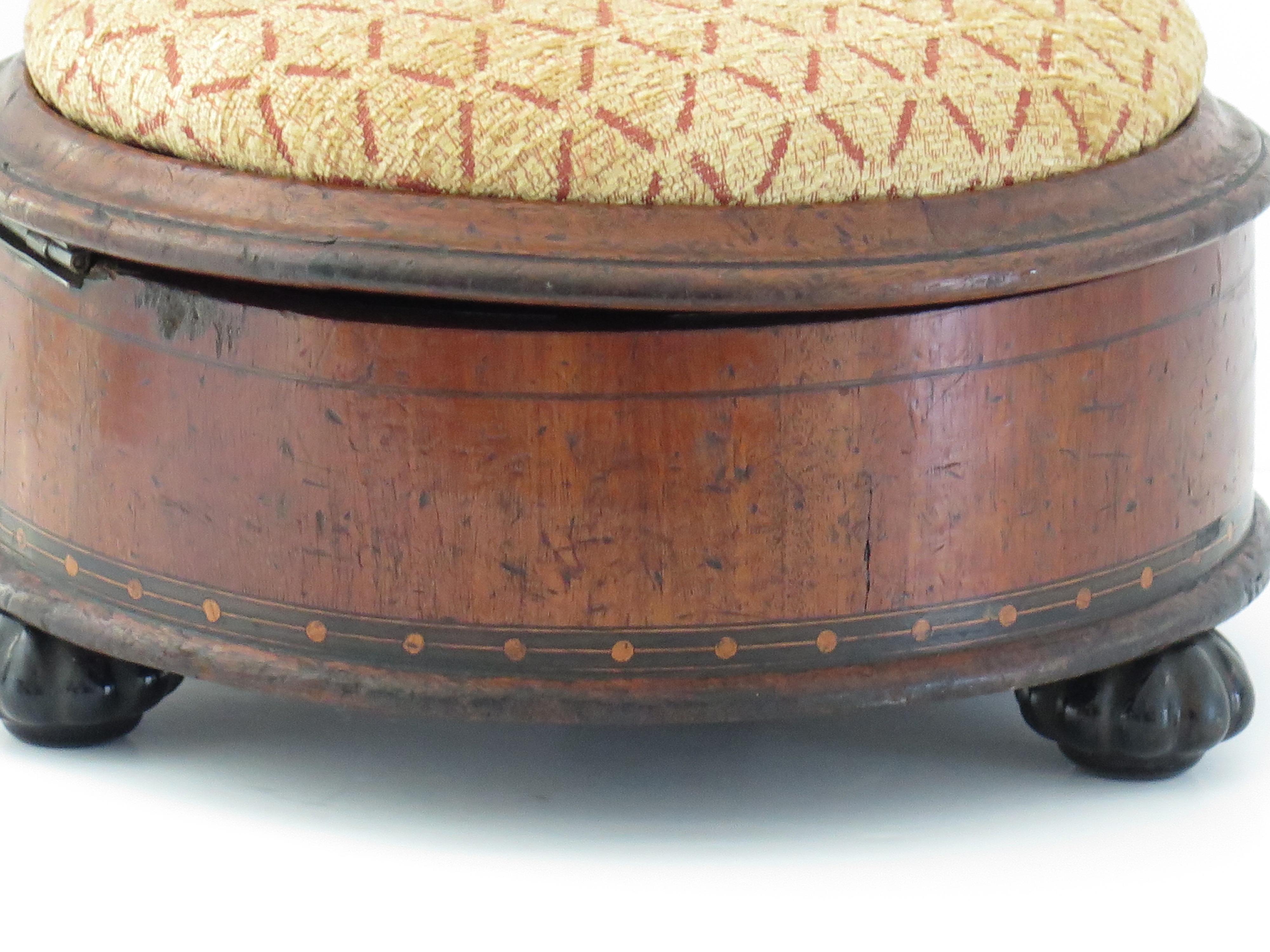 Fabric William 1Vth English circular Footstool Box Inlaid Hardwood, Circa 1830 For Sale