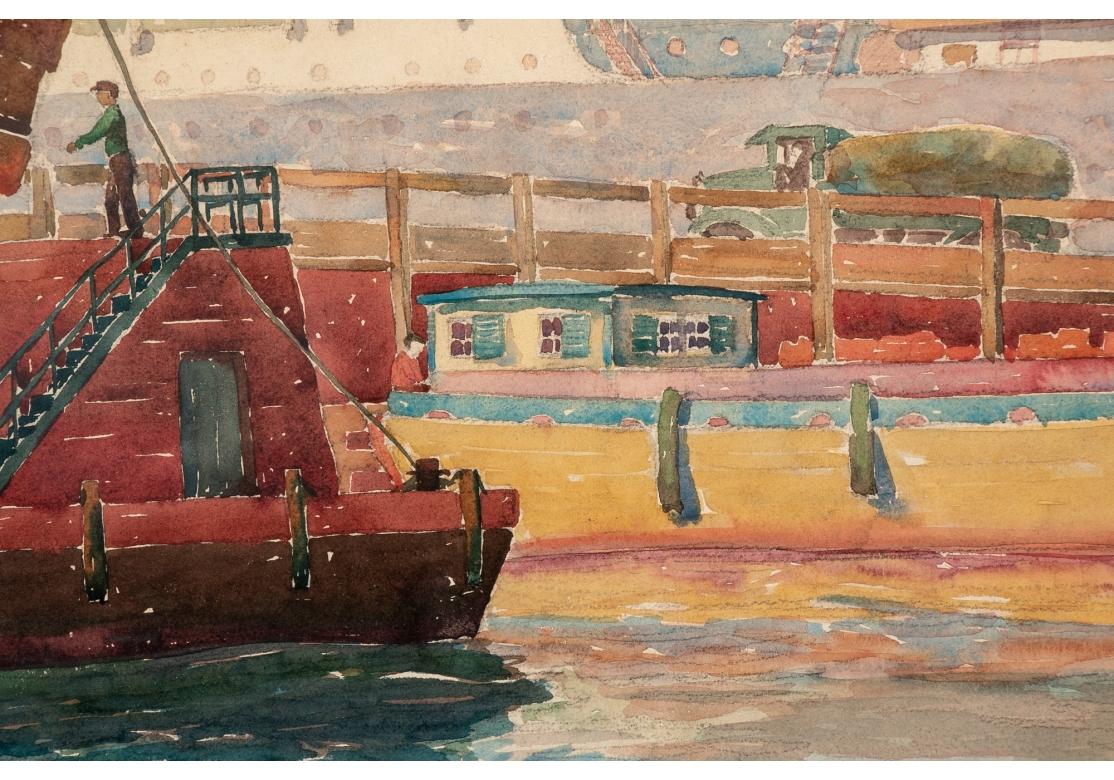 William A. Drake (1891-1979) Framed Watercolor With Boatyard & Steamer For Sale 2