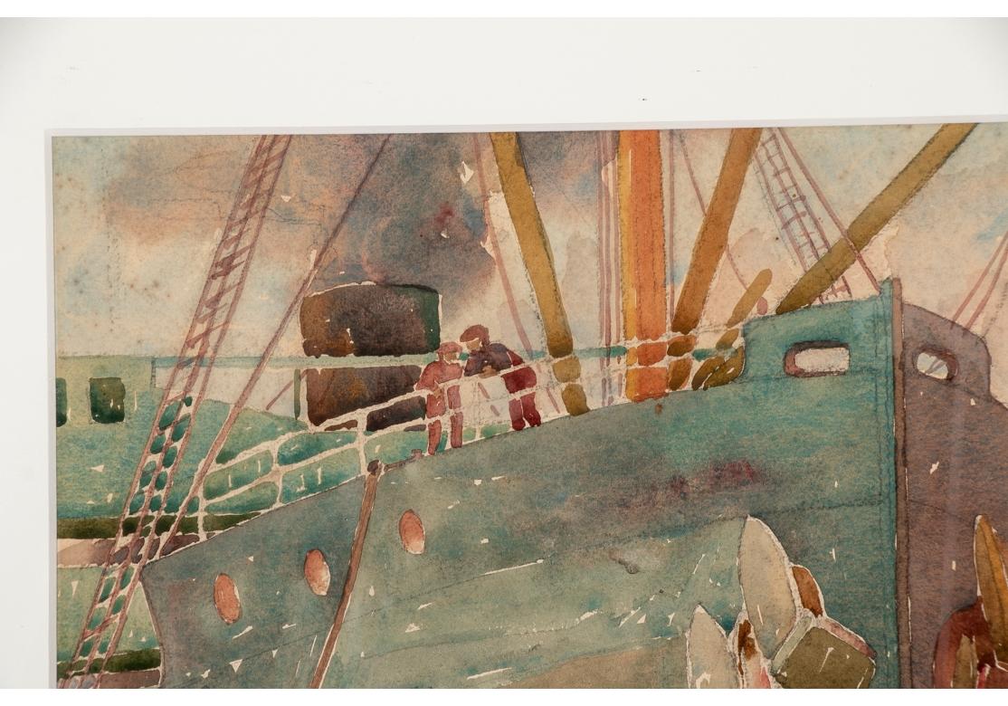 Watercolor on paper depicting a wharf scene with vessels casting their colorful reflections onto the water. The large rusted hull of a cargo ship in the foreground with cranes and masts above, a figure on the dock in the center and a streamer in the