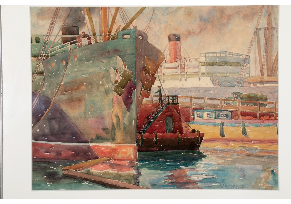 North American William A. Drake (1891-1979) Framed Watercolor With Boatyard & Steamer For Sale