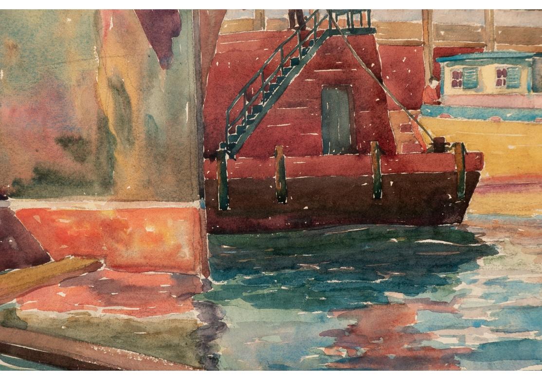 Hand-Painted William A. Drake (1891-1979) Framed Watercolor With Boatyard & Steamer For Sale