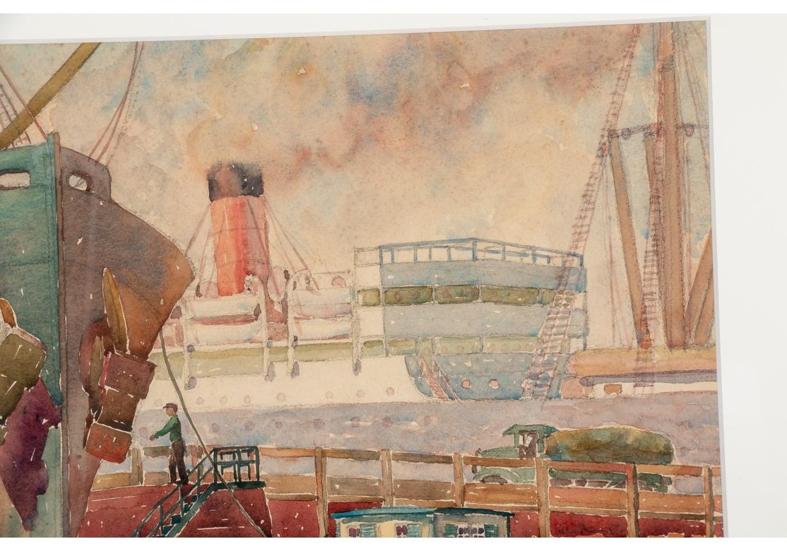 20th Century William A. Drake (1891-1979) Framed Watercolor With Boatyard & Steamer For Sale
